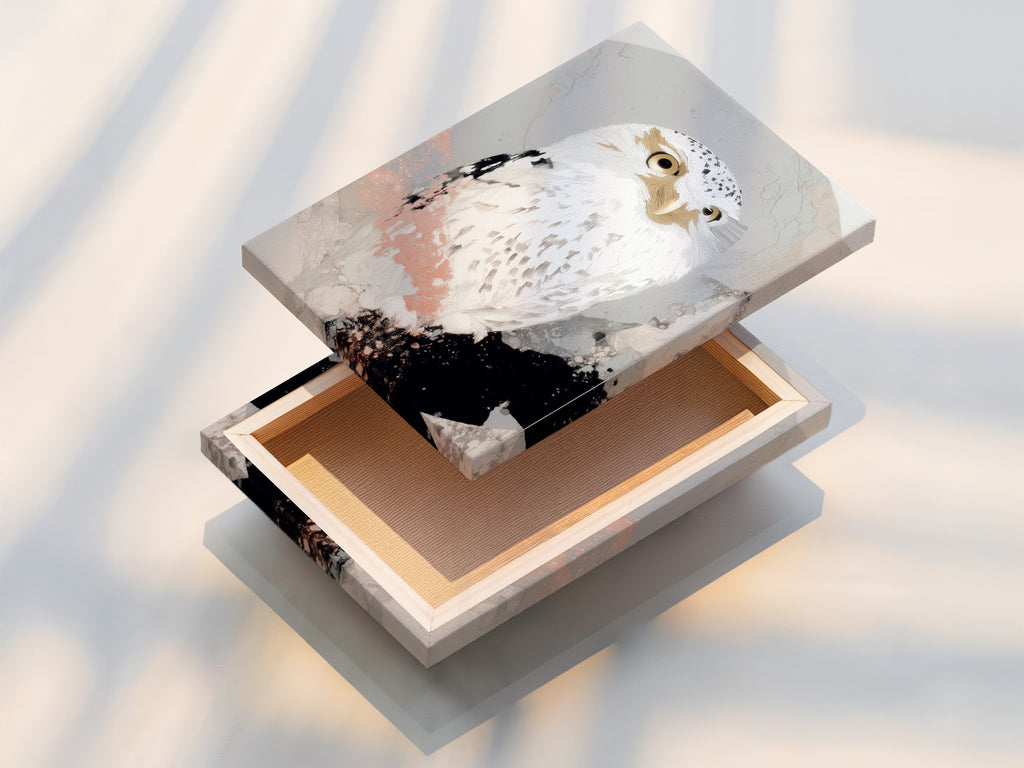 See the stretched canvas print of the white owl artwork. This modern piece is ready to hang in your home. The stretched canvas enhances the colors and details. Perfect for creating a focal point in any room. Shop now and bring this wildlife wall art into your space.