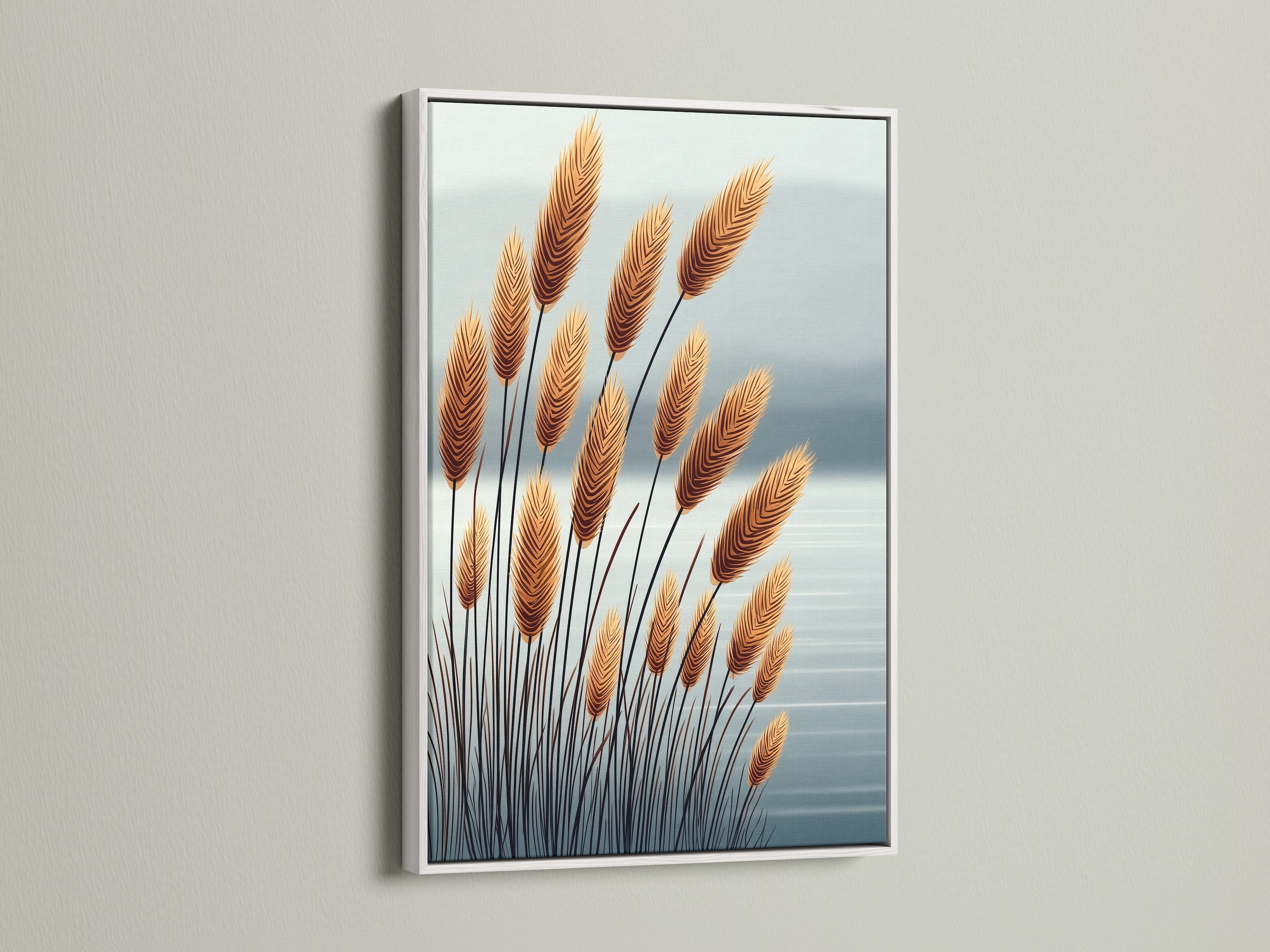 This image features pampas grass artwork in a white frame. The neutral wall art complements minimalist interiors. It's perfect for creating a bright airy feel. This botanical print suits scandi farmhouse and boho decor styles.