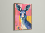 A captivating kangaroo artwork is showcased in an oak frame. The frame enhances the art. It brings a touch of nature indoors. The artwork is ready to hang and enjoy.