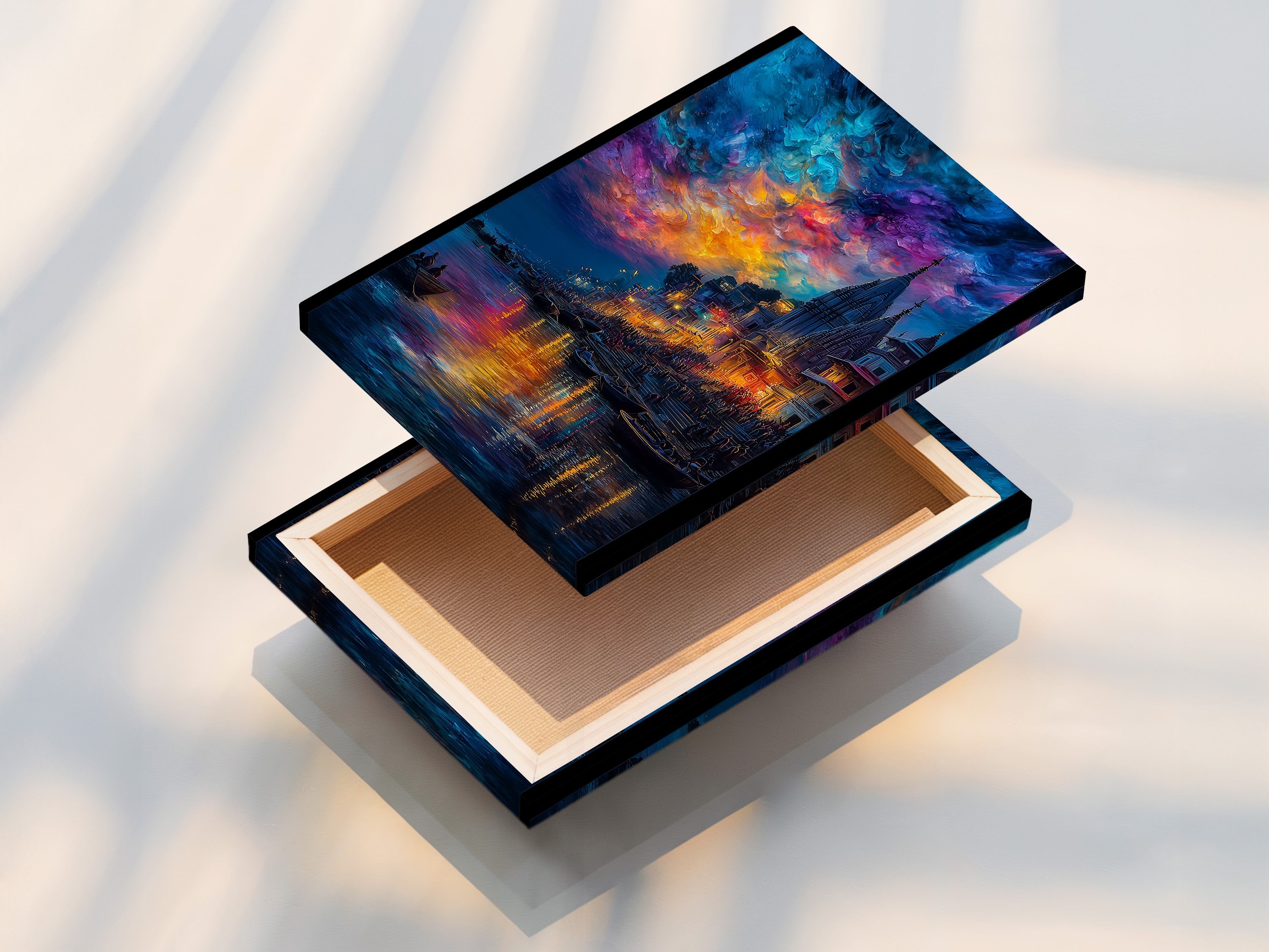 A stretched canvas print of the Varanasi River Ghats. This spiritual India artwork captures the beauty of the Ganges. Ideal for living room wall art or bedroom wall decor. The sunset canvas brings a touch of sacred art to any space.