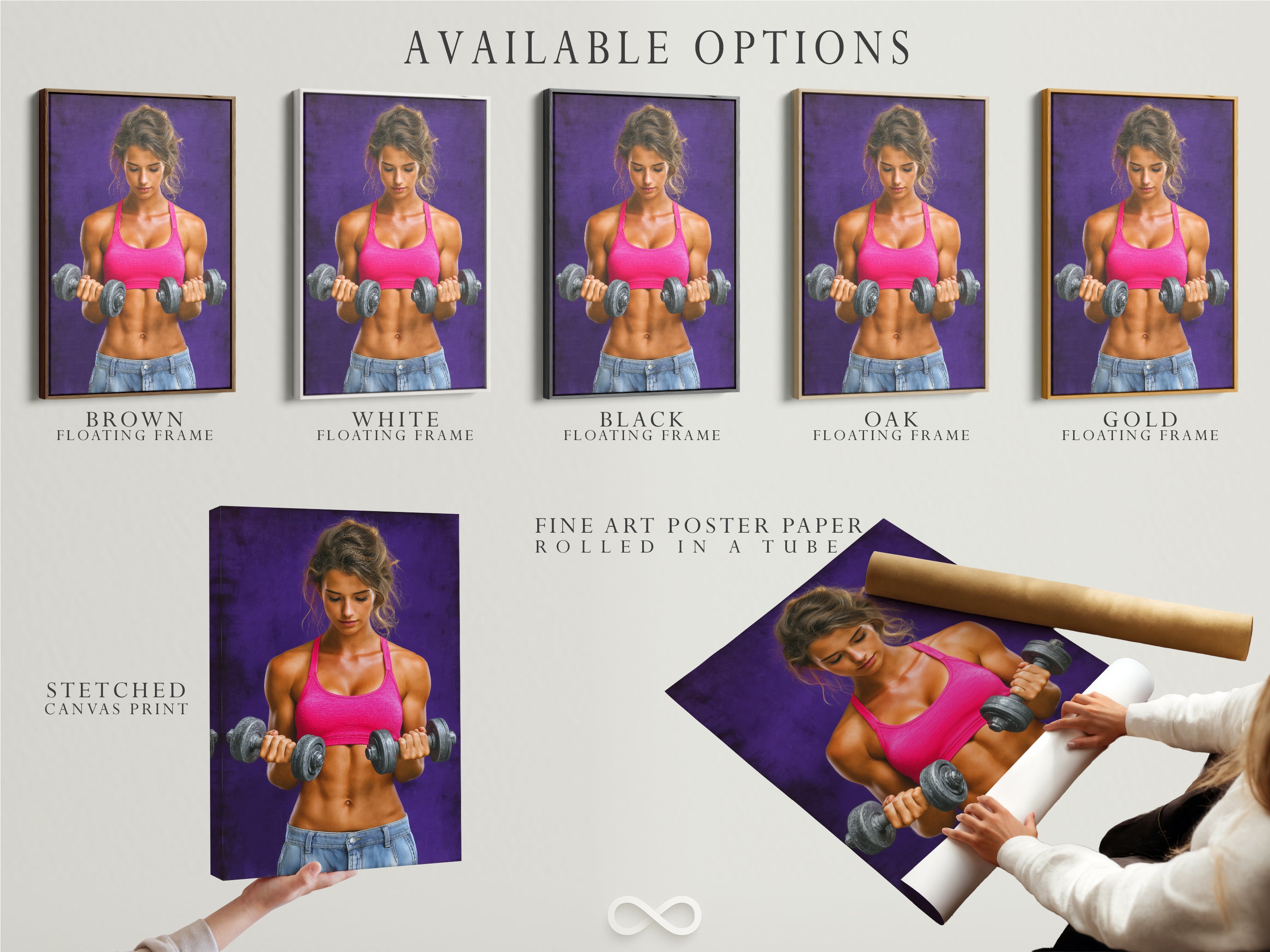 Available options for the fitness woman artwork. Options include a stretched canvas print a fine art poster paper and a floating frame. Customize your artwork to match your aesthetic.