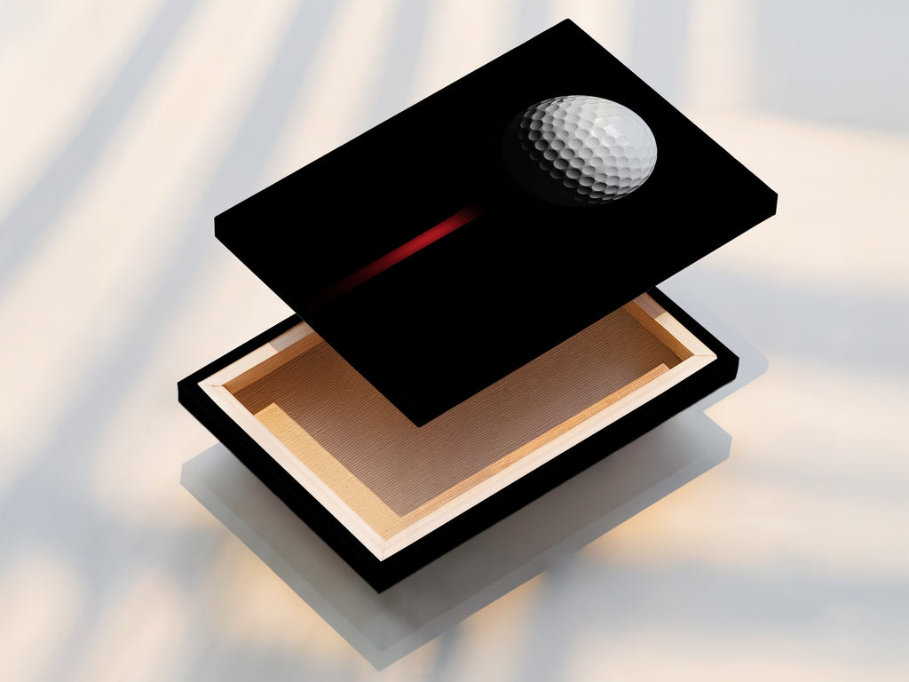 Stretched canvas print of the golf ball artwork. The modern sports wall art is ready to hang.  Perfect for a man cave office or living room. Add a touch of sophistication to your space.