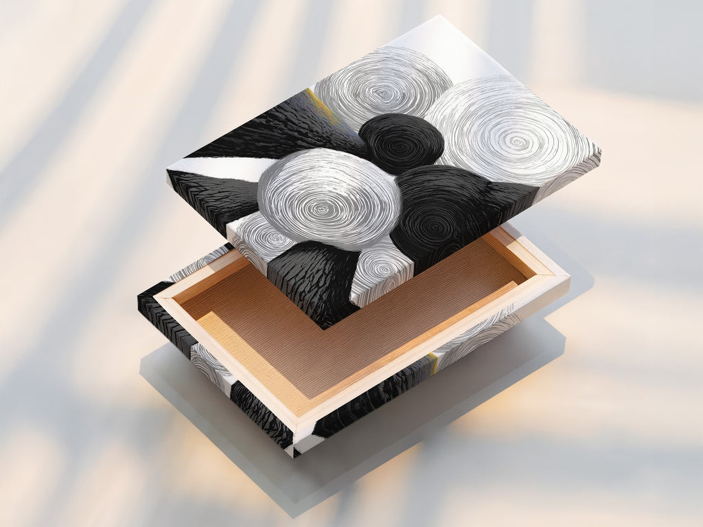 A stretched canvas print featuring an abstract geometric artwork. Black and white circles create a modern minimalist aesthetic. The canvas is stretched and ready to hang. This print offers a clean contemporary feel to any room. This is perfect for home or office decor.