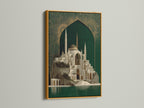 The Islamic Architecture Canvas Artwork is framed in gold. The artwork features a beautiful mosque with emerald green and gold accents. This adds a luxurious touch to your decor. Enhance your home with this stunning piece of islamic decor. Perfect for creating a spiritual atmosphere.