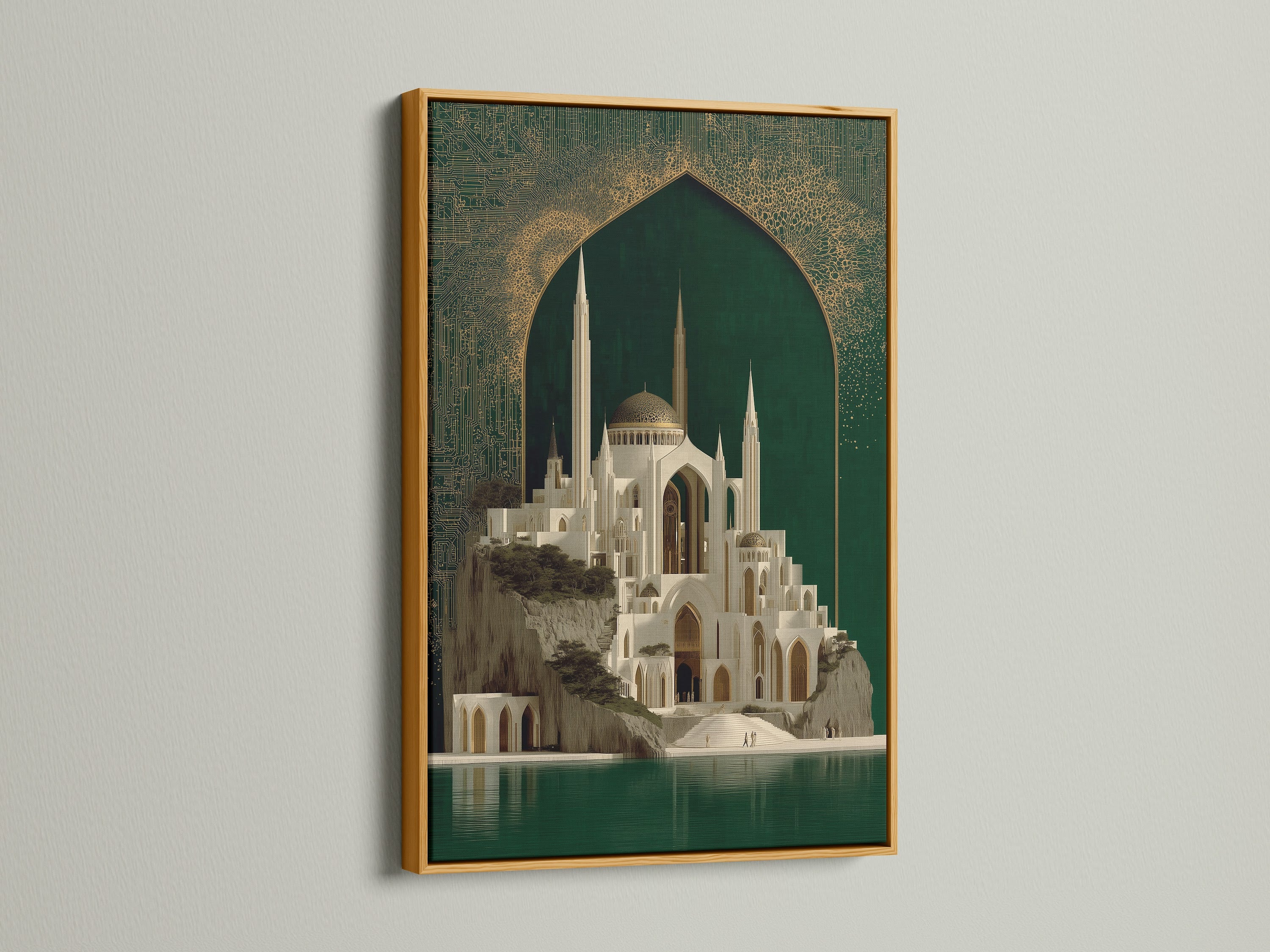 The Islamic Architecture Canvas Artwork is framed in gold. The artwork features a beautiful mosque with emerald green and gold accents. This adds a luxurious touch to your decor. Enhance your home with this stunning piece of islamic decor. Perfect for creating a spiritual atmosphere.