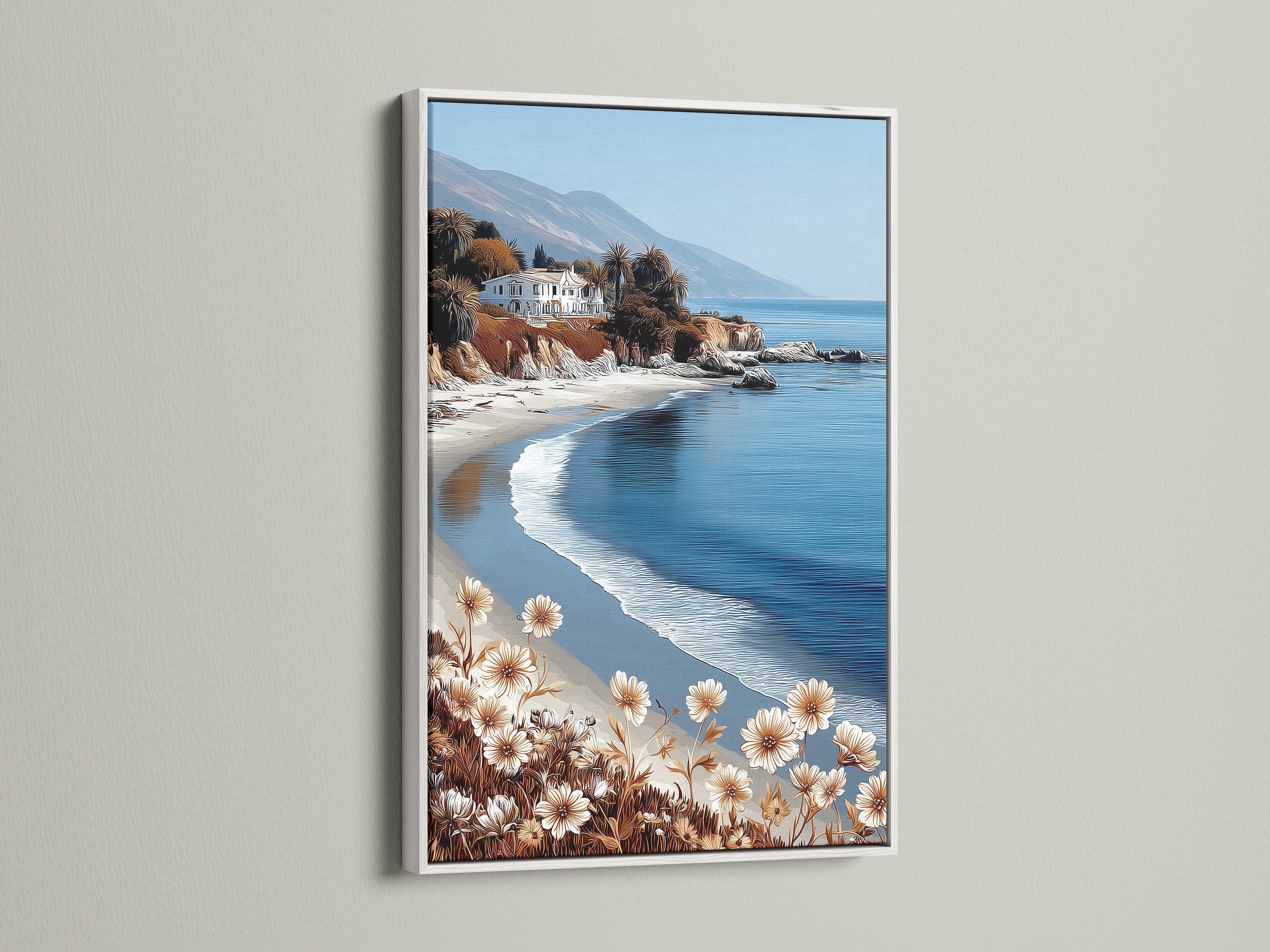 This artwork showcases a coastal beach scene framed in white. The neutral tone ocean view artwork is perfect for a bedroom or living room. Its calming presence enhances minimalist and Scandinavian interiors. Bring the beach indoors with this serene piece.