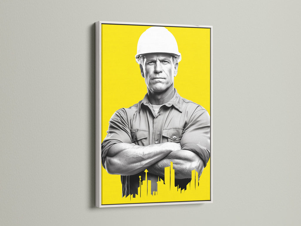 This construction worker artwork has a white frame. The engineer gift is modern canvas art. Yellow wall art is great for office wall decor. This worker artwork is building art. It is architecture art and engineering decor. This modern home art is an urban art print.