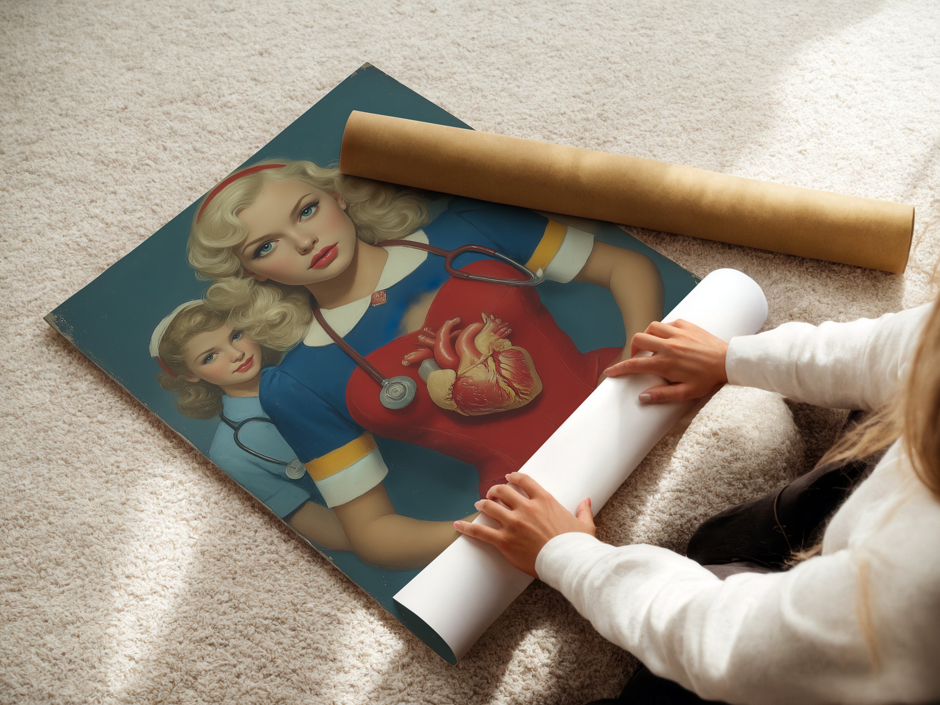 A woman carefully rolls a fine art poster paper. The fine art paper ensures the artwork looks its best. Discover the beauty of vintage nurse art on high-quality paper. Perfect for framing.