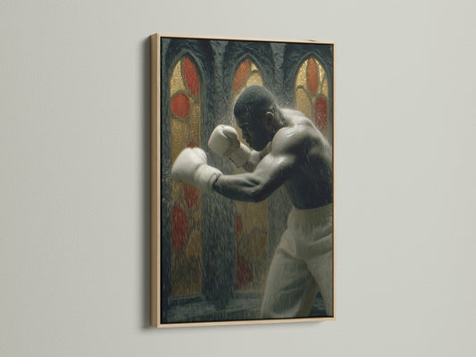 Vintage boxing artwork displayed in an oak frame. The warm wood complements the gothic sports canvas. This piece enhances man cave decor. It also makes a great athletic wall art gift. Discover vintage boxing art.
