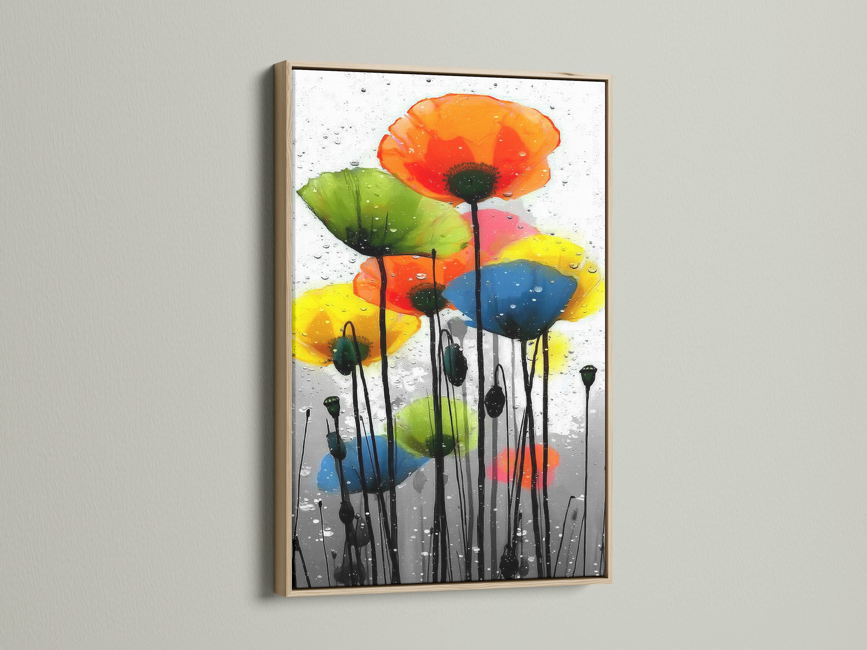 This is a colorful poppy artwork displayed in an oak frame. The frame enhances the beauty of the modern floral wall art. Perfect abstract flower painting for adding a touch of nature to your bedroom wall decor. It is a vibrant flower print.