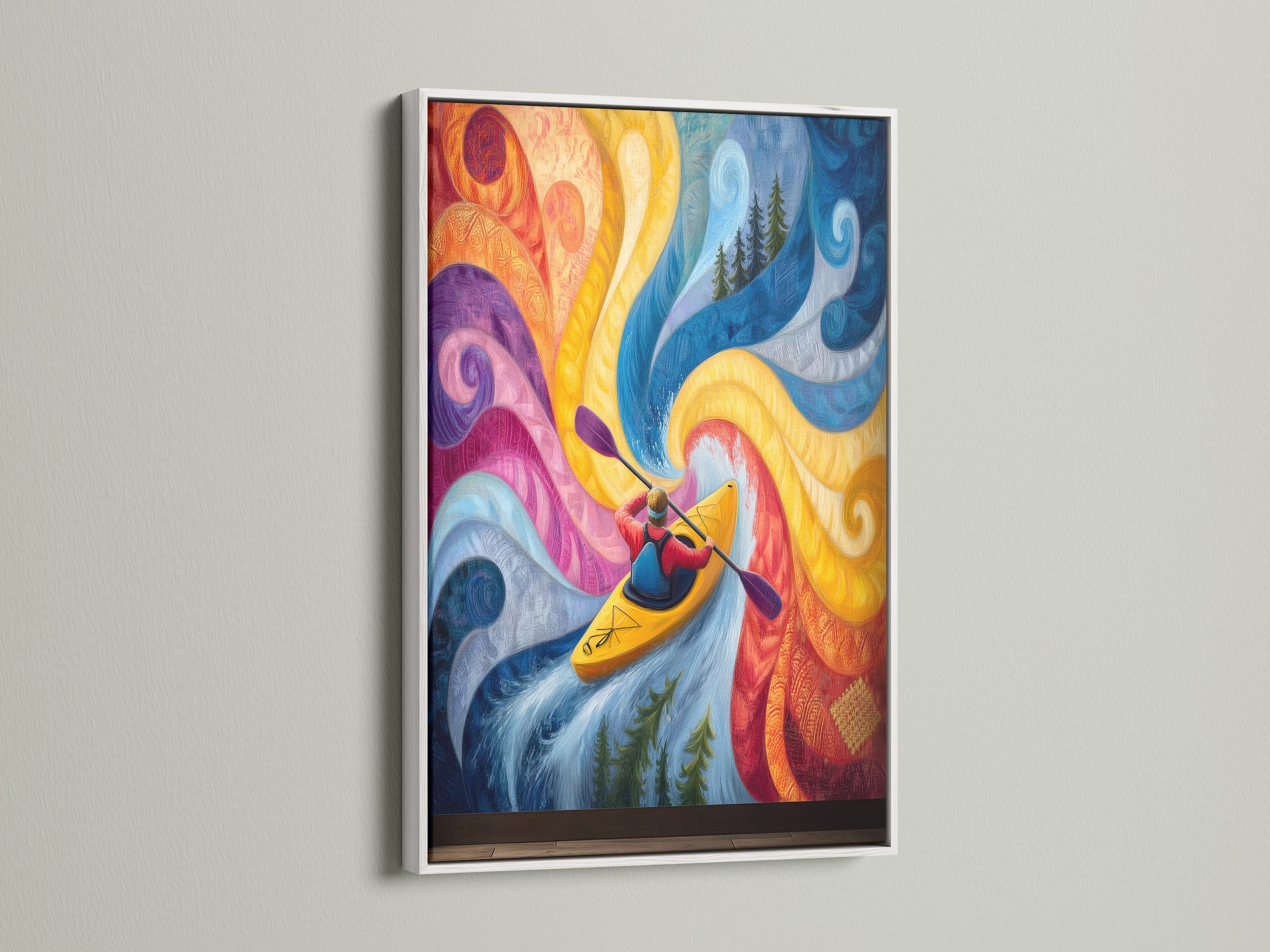 Kayaking abstract river art in a white frame. This colorful wall art adds a fresh and modern accent to any space. It's great for minimalist Scandinavian or coastal-themed rooms. Perfect for kayaker gifts.