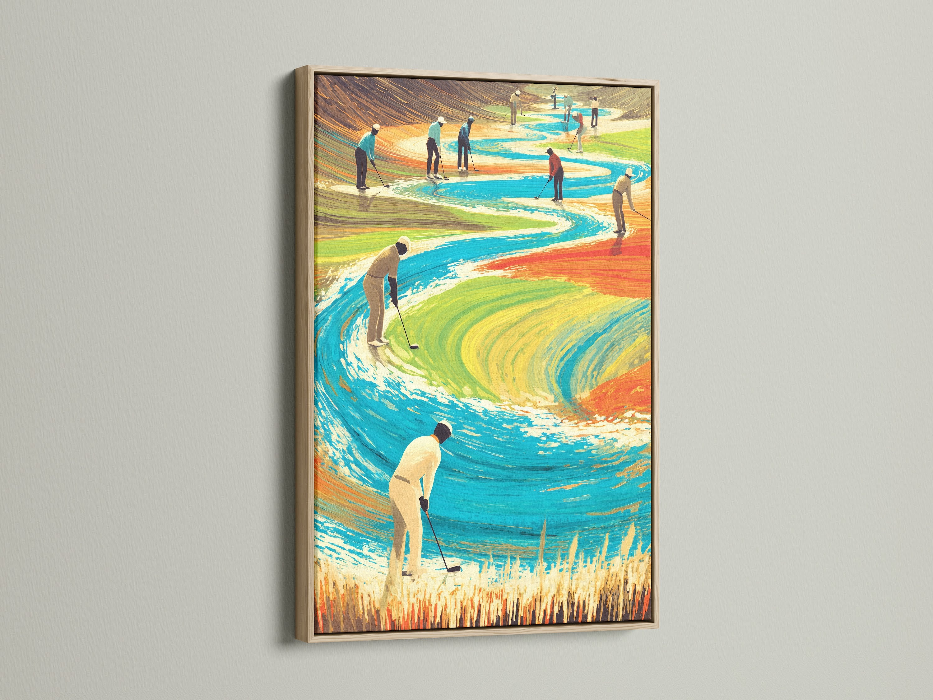Golf Course art in an oak frame. This sports canvas art adds a touch of sophistication to any room. The colorful golf landscape creates a focal point. Ideal golf themed decor for your living room or office