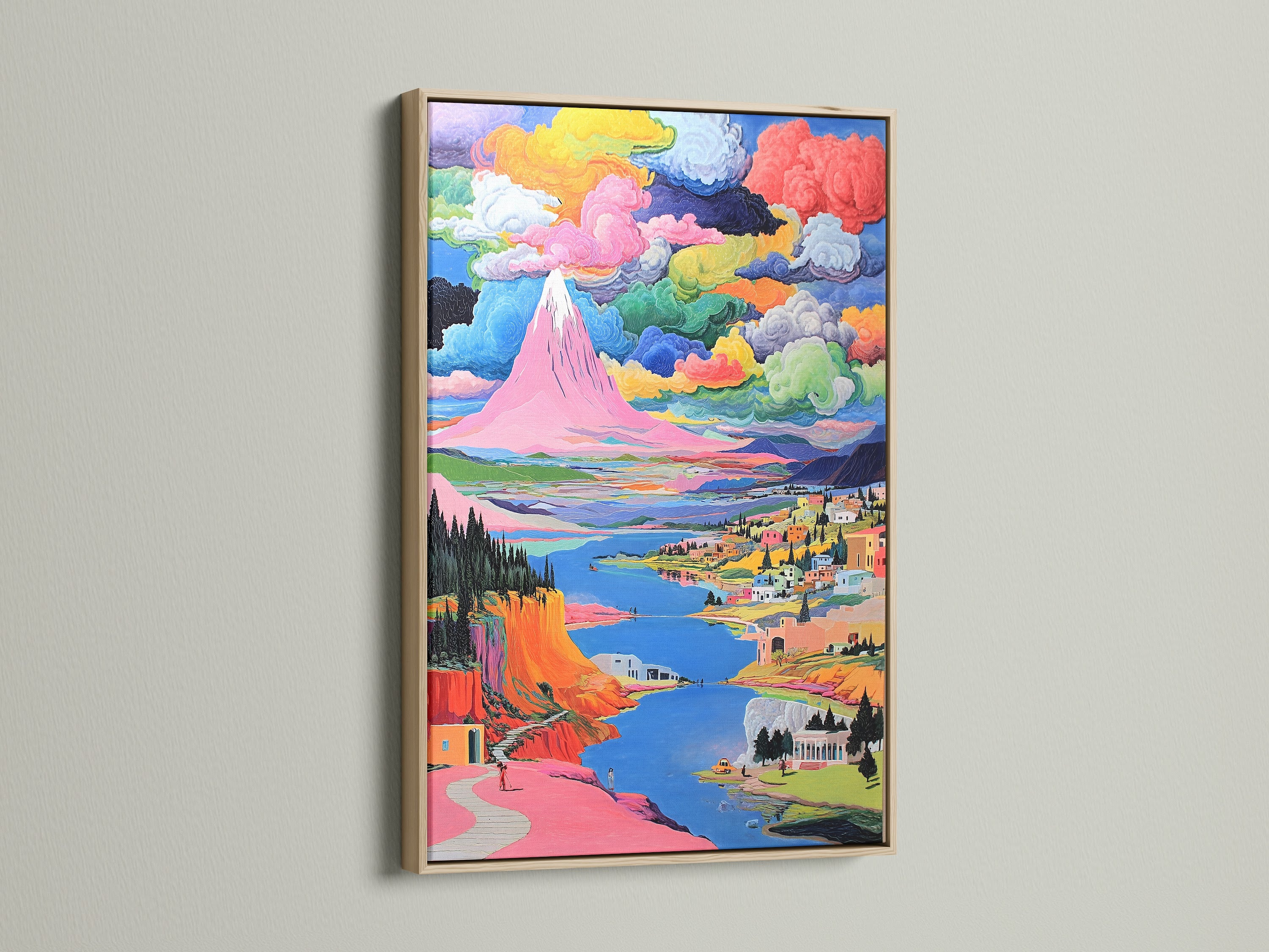 A vibrant mountain canvas print is showcased in an oak frame. The colorful artwork adds a touch of nature to any room. The whimsical landscape features pink and teal hues. This art piece is ideal for modern home decoration.