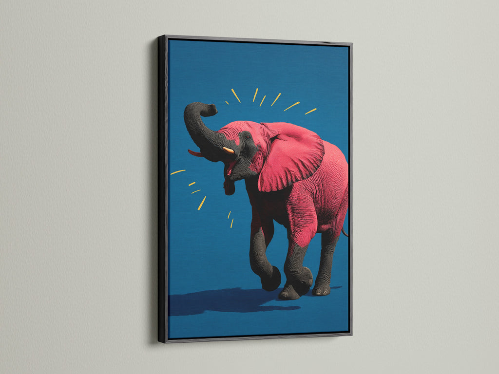 The pink elephant artwork is elegantly framed in black. This animal wall art creates a striking focal point in any room. The vibrant pop art canvas is perfect for modern office decor. The black frame adds a sophisticated touch to the colorful elephant artwork.
