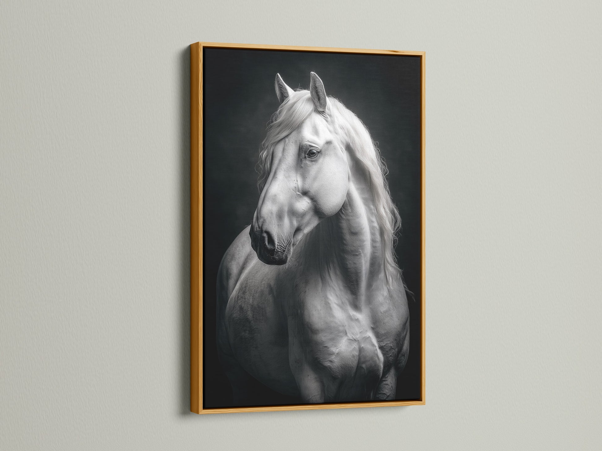 The White Horse Canvas Print is beautifully presented in a gold frame. This equestrian artwork adds a luxurious touch to any room. Perfect for those seeking refined animal wall art. This black and white art complements farmhouse and contemporary styles. Elevate your decor now.