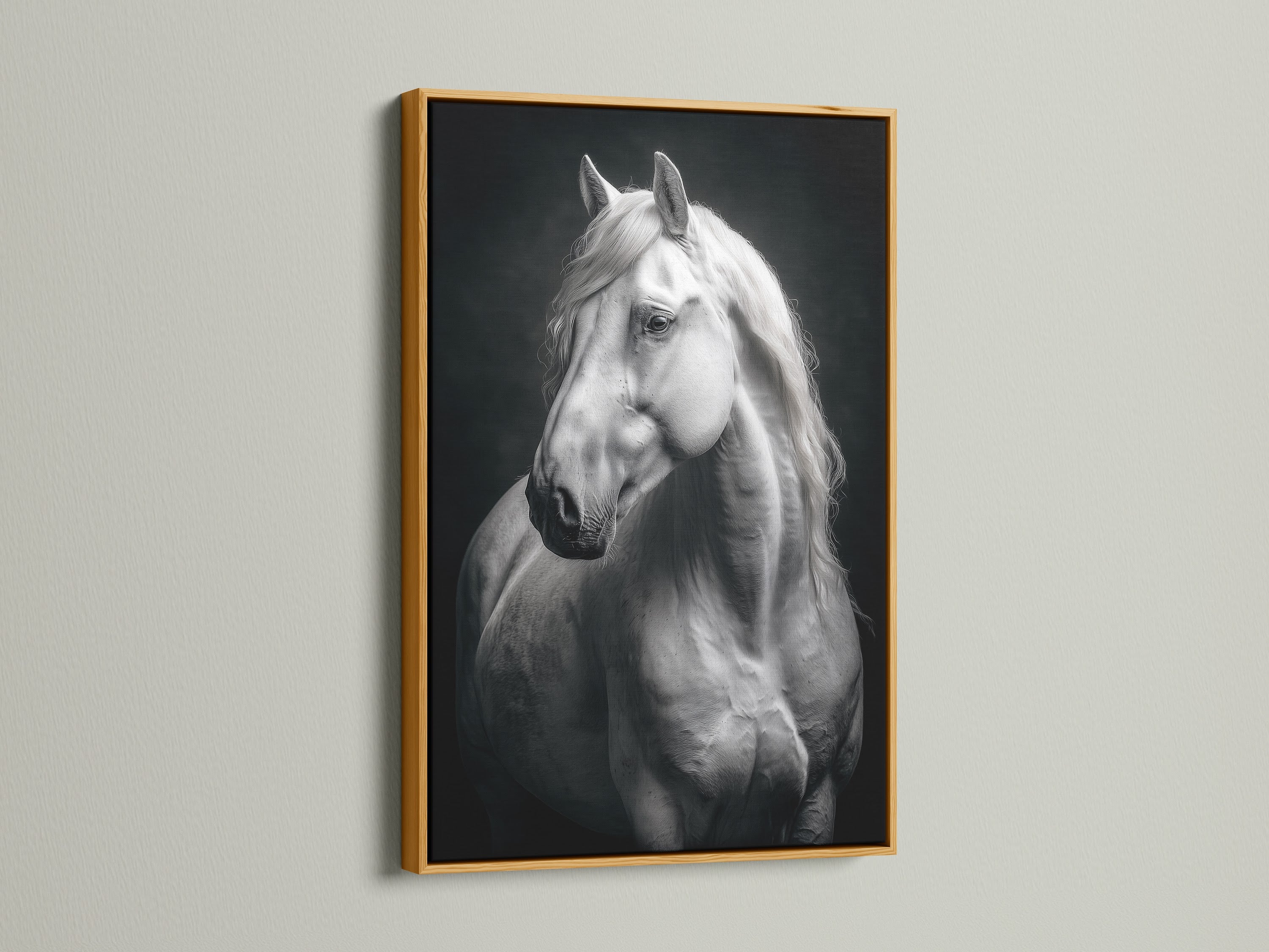 The White Horse Canvas Print is beautifully presented in a gold frame. This equestrian artwork adds a luxurious touch to any room. Perfect for those seeking refined animal wall art. This black and white art complements farmhouse and contemporary styles. Elevate your decor now.