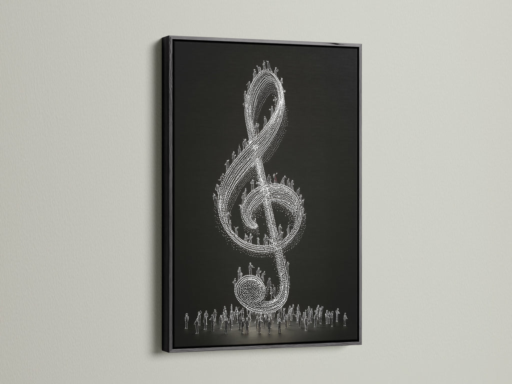 This black frame showcases a modern treble clef artwork. The contrast between the black frame and the white musical symbol is eye-catching. Add sophistication to your music room decor. It suits minimalist and contemporary styles well.