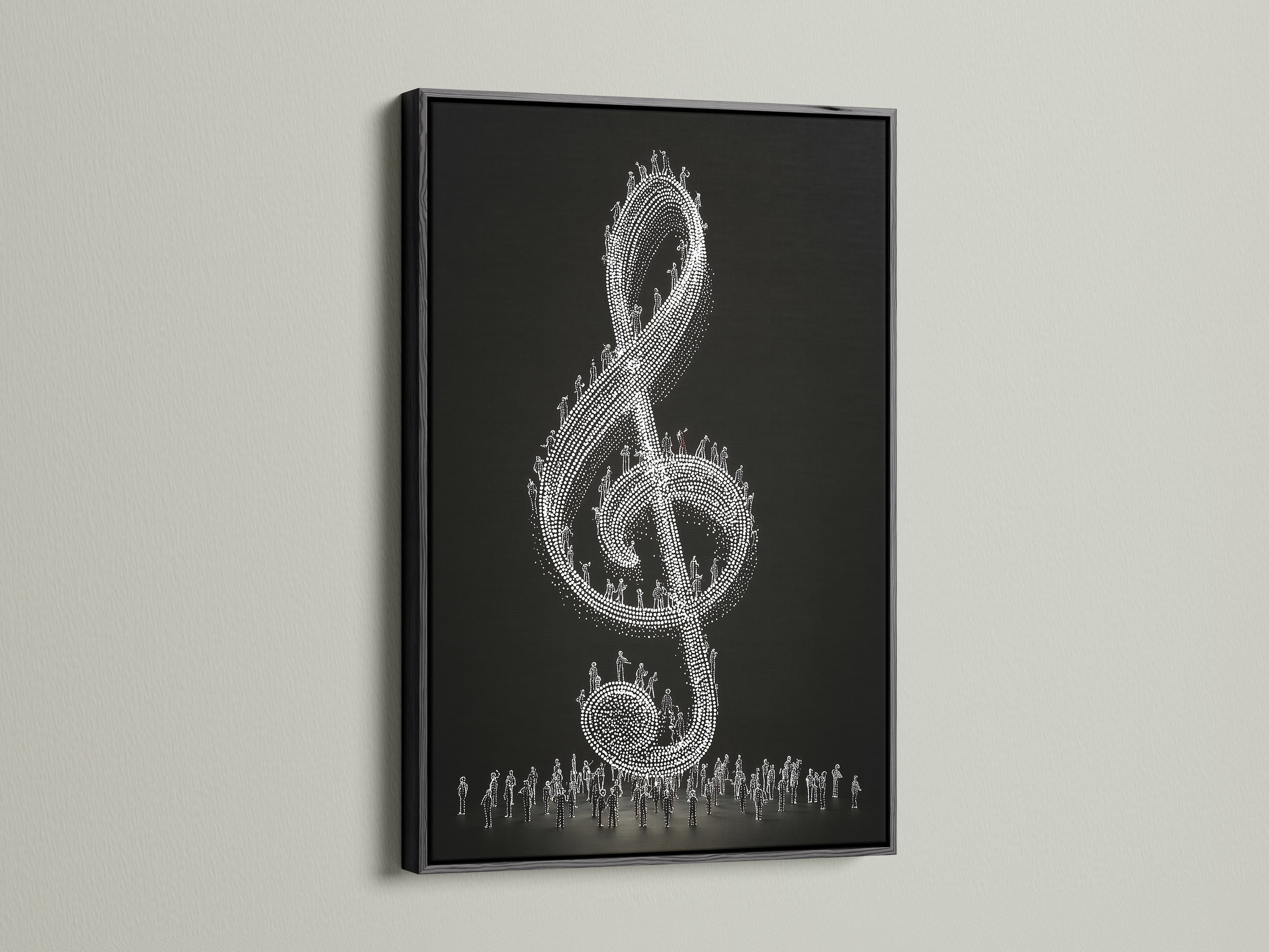 This black frame showcases a modern treble clef artwork. The contrast between the black frame and the white musical symbol is eye-catching. Add sophistication to your music room decor. It suits minimalist and contemporary styles well.