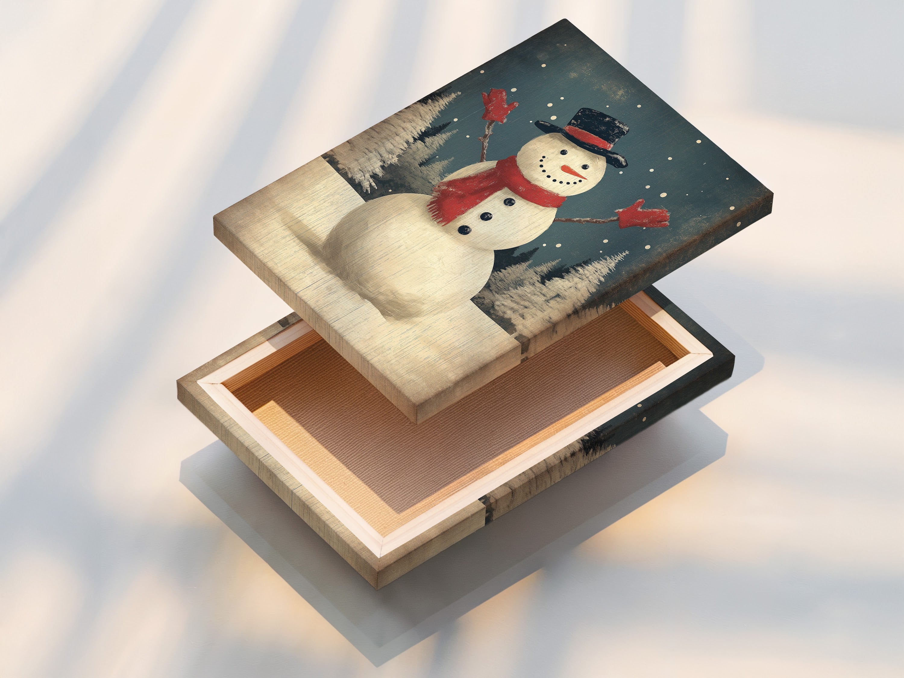A stretched canvas print showcases a snowman winter art. The artwork is ready to hang adding instant holiday cheer to any room. This christmas wall decor complements farmhouse christmas themes.