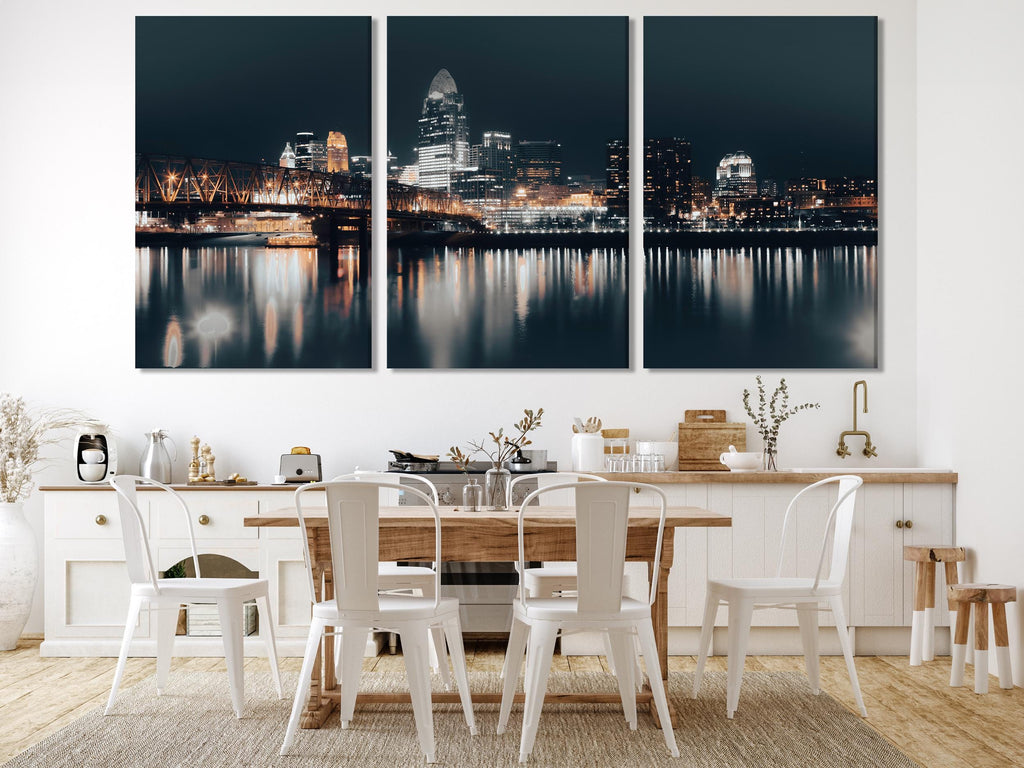 신시내티 스카이라인 월 아트 - 대형 신시내티 캔버스 프린트, 대형 오하이오 강 다리 아트워크, 현대 미술 - 컨템포러리 홈 데코