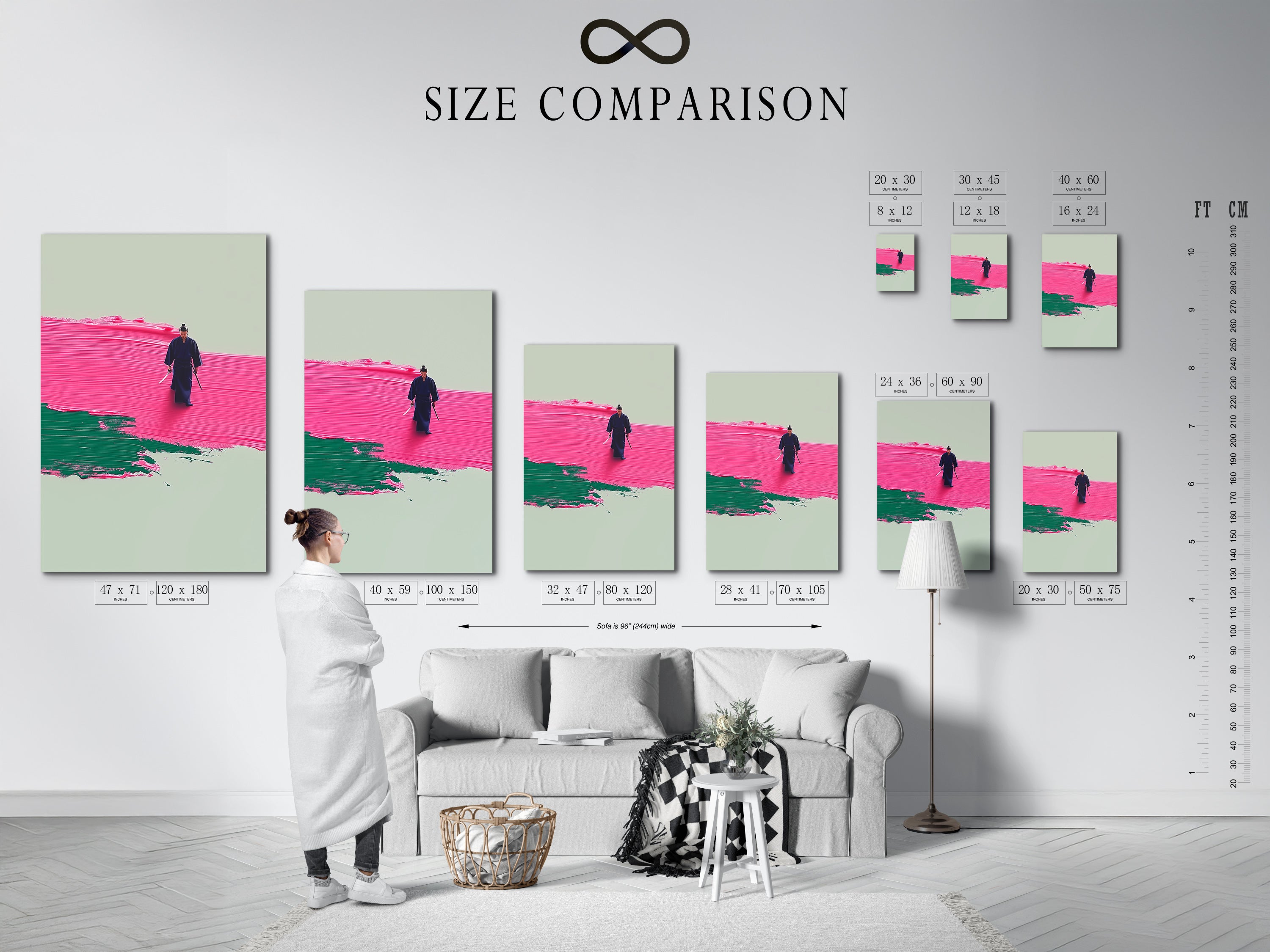 A size comparison chart is shown in an interior setting. This chart helps visualize the artwork's scale. It allows customers to select the ideal size. Perfect for their living room wall art or office wall art needs. Choose the right fit.