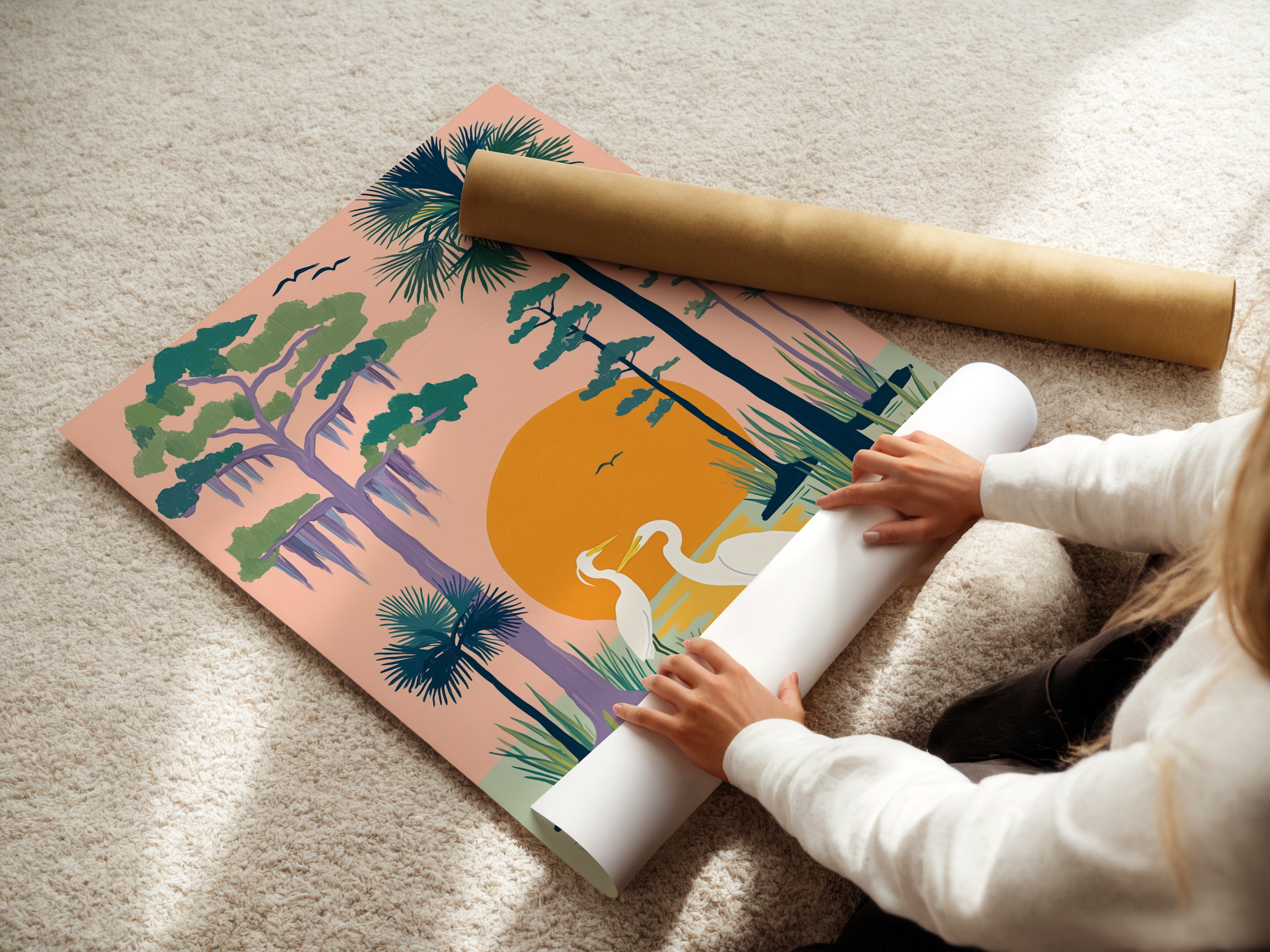 A woman carefully rolls a fine art poster paper. The heron artwork will be printed on this high-quality paper. Ensuring a vibrant and long-lasting nature art print. Perfect for adding a touch of coastal decor to any room.