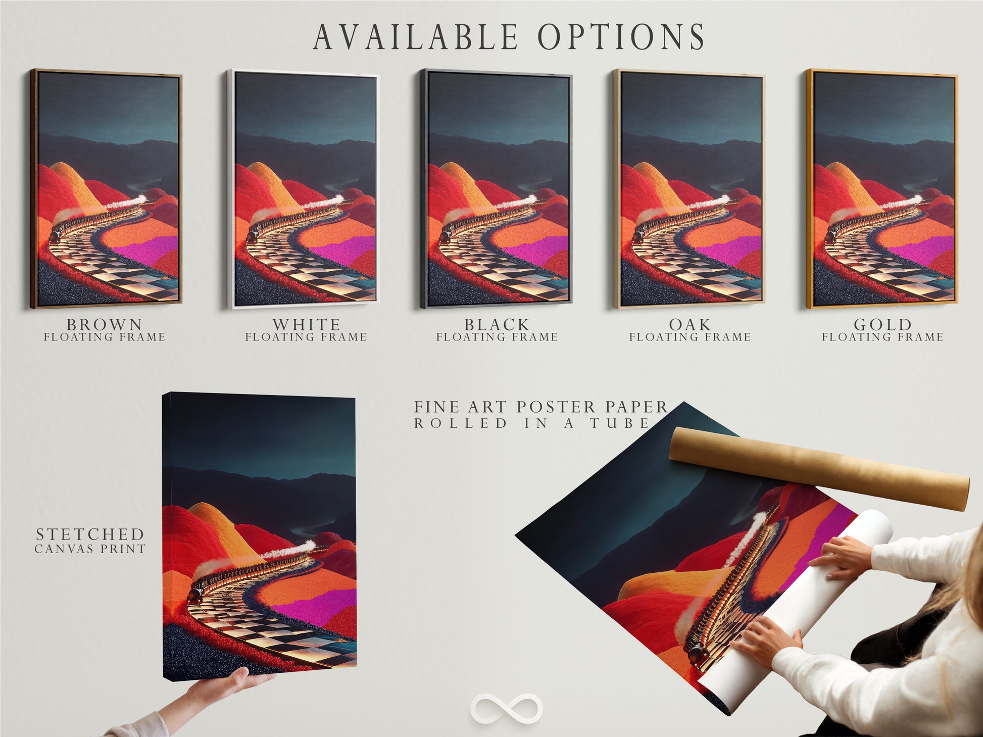 Available options for the Surreal Train Ride artwork. Choose from a stretched canvas print a fine art poster paper or a floating frame. This colorful landscape wall art suits any style. The whimsical journey artwork is perfect for train enthusiasts. Enhance your space with this vibrant art.