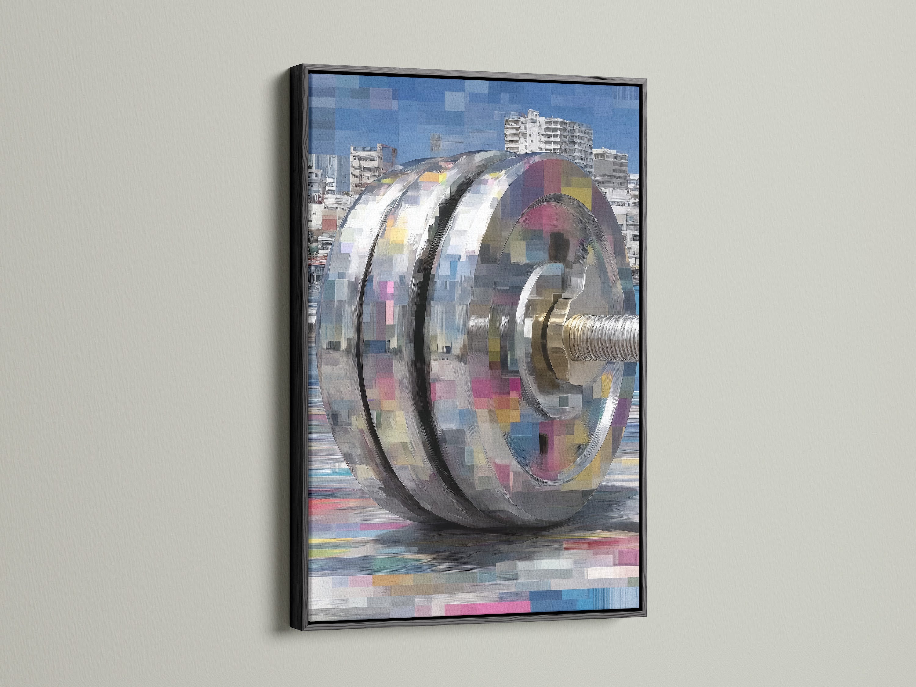 This is a black frame. It highlights abstract machinery art. The mechanical print is a modern statement piece. This digital pixel canvas print enhances office spaces. The black frame offers a sleek look.