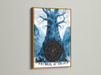 The Yggdrasil Canvas Print shines in a gold frame. This Norse Mythology Wall Art adds a touch of luxury to your decor. The gold frame enhances the teal and gold artwork. It's perfect for creating a sophisticated living room or study room decor. Explore this stunning Viking Tree of Life poster.