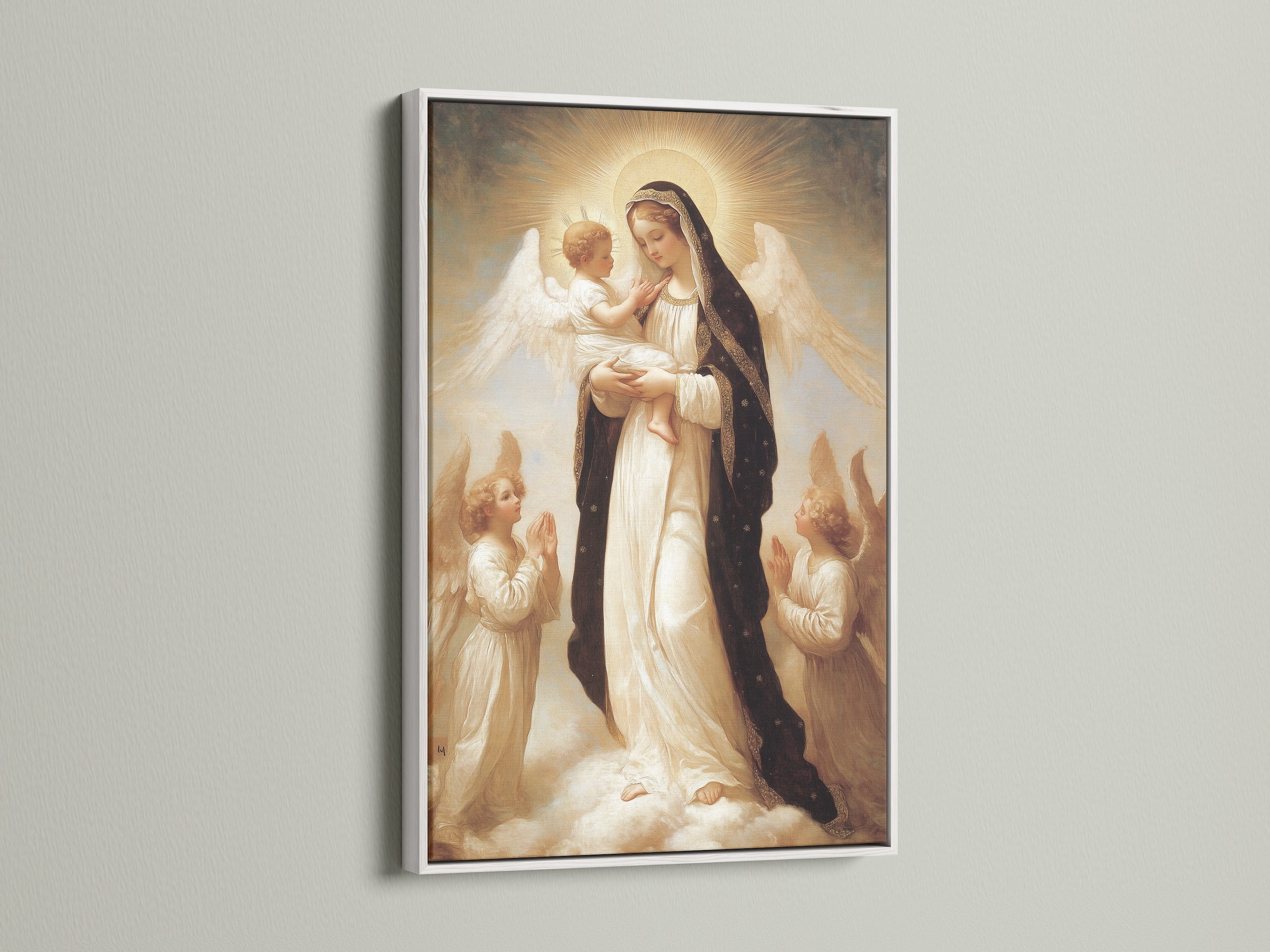 Religious artwork featuring the Virgin Mary and child. Angels surround them in a divine scene. This art is displayed in a clean white frame. The white frame provides a modern touch.