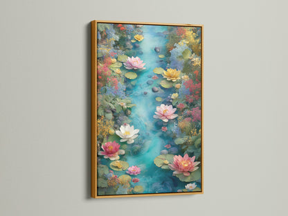 Add a touch of luxury with the Water Lily Artwork in a gold frame. This botanical wall art is ideal for spa owners and interior designers. Create an elevated style with this lotus flower print for bathroom art.