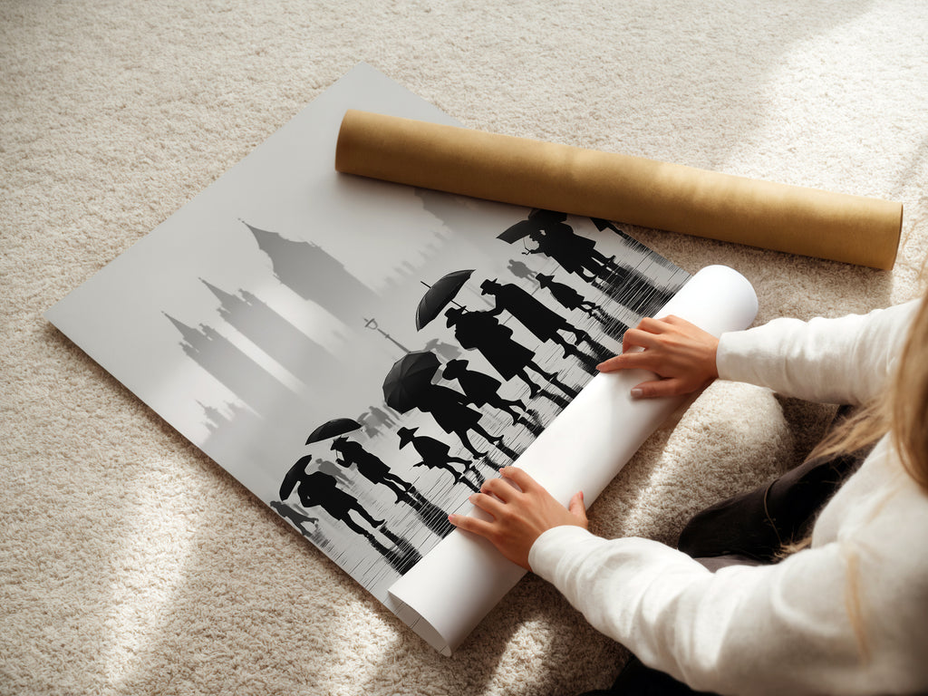 Watch as a woman expertly handles fine art poster paper. We ensure your London art is printed on the highest quality materials. Our black and white cityscape prints are made to last. Experience the difference in our urban photography and England art. Each piece is carefully crafted.