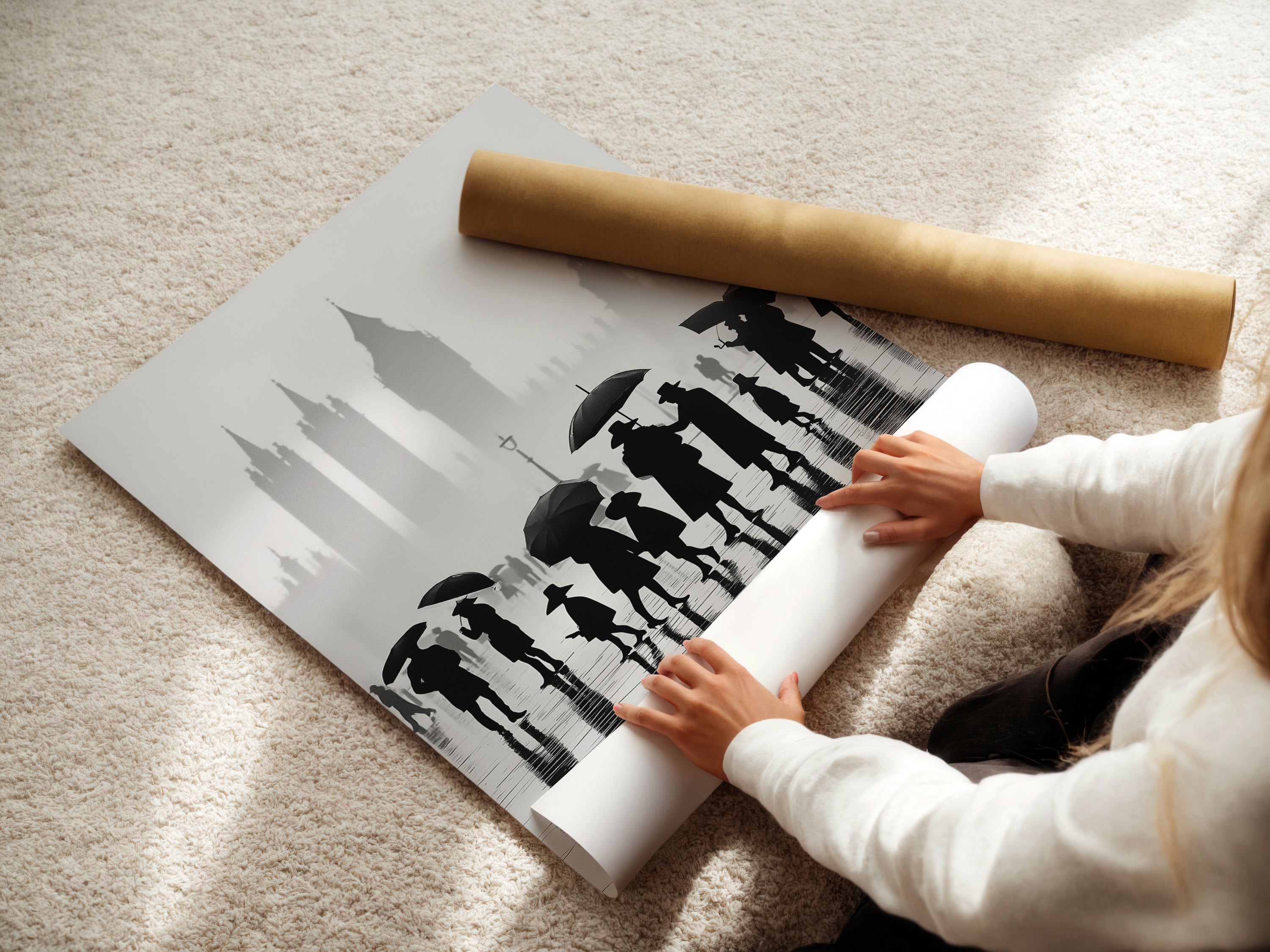 Watch as a woman expertly handles fine art poster paper. We ensure your London art is printed on the highest quality materials. Our black and white cityscape prints are made to last. Experience the difference in our urban photography and England art. Each piece is carefully crafted.
