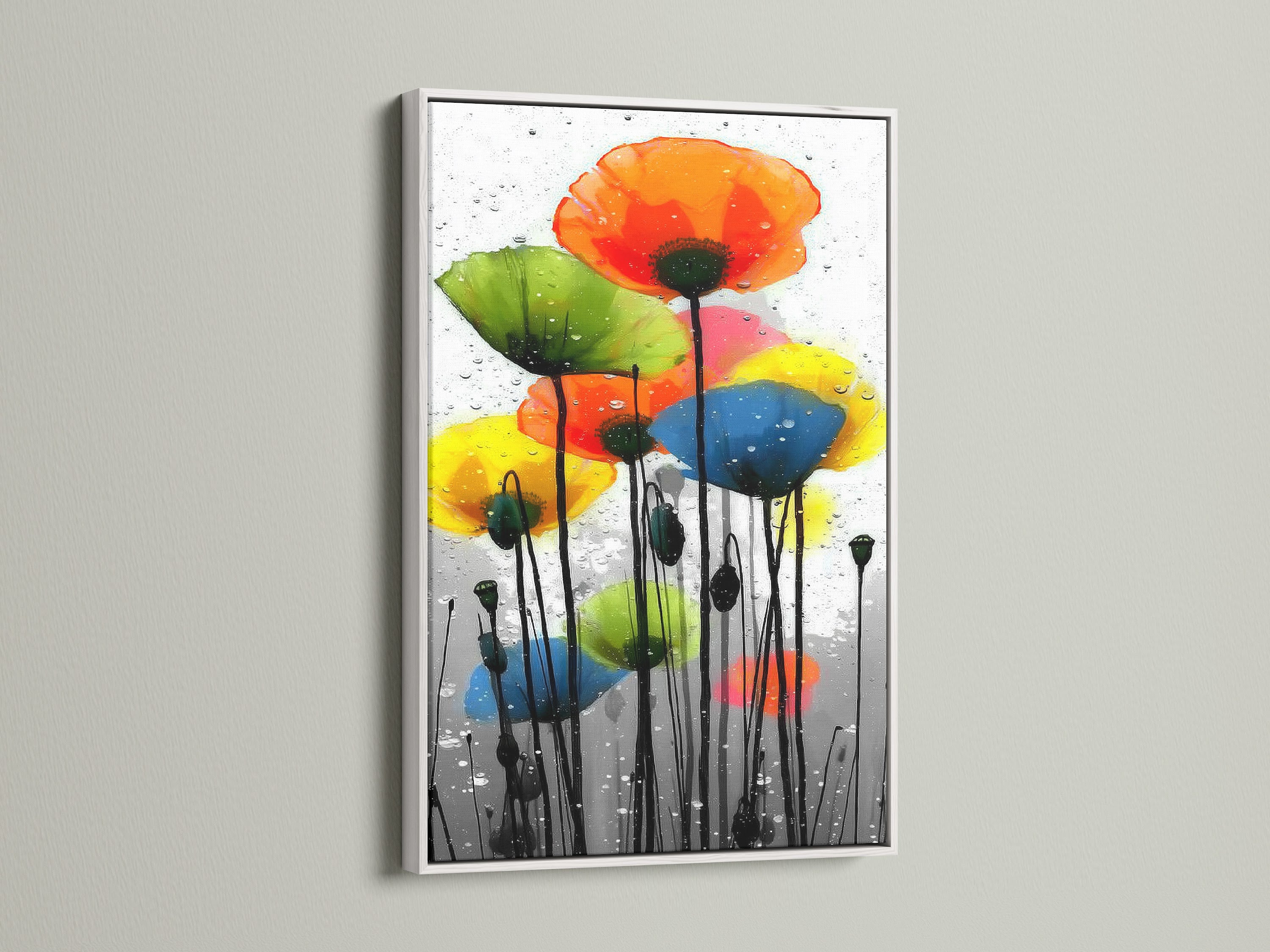 A colorful poppy artwork is presented in a white frame. The white frame creates a clean and modern look. This modern floral wall art is ideal for contemporary home decor. It is an abstract flower painting suited for bedroom wall decor.