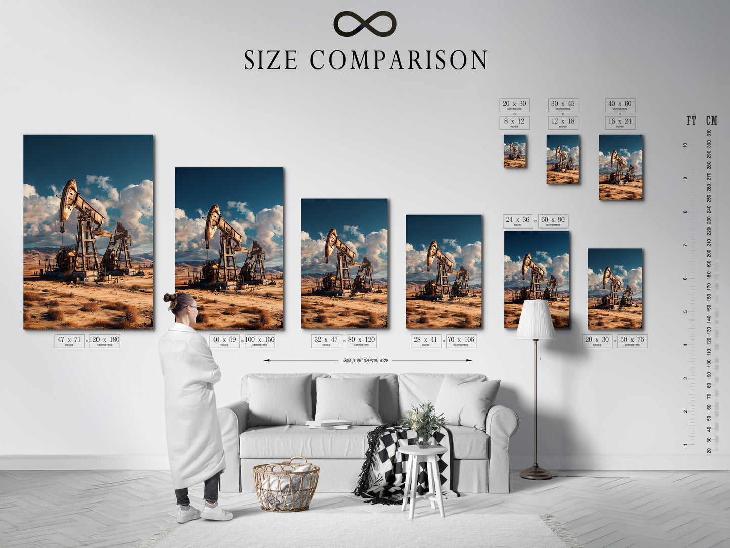 A size comparison chart is shown. It is displayed in a home interior. This helps visualize artwork dimensions. See how different sizes fit. It will fit within your living space. Choose the perfect scale for your walls. Make informed decisions about artwork.