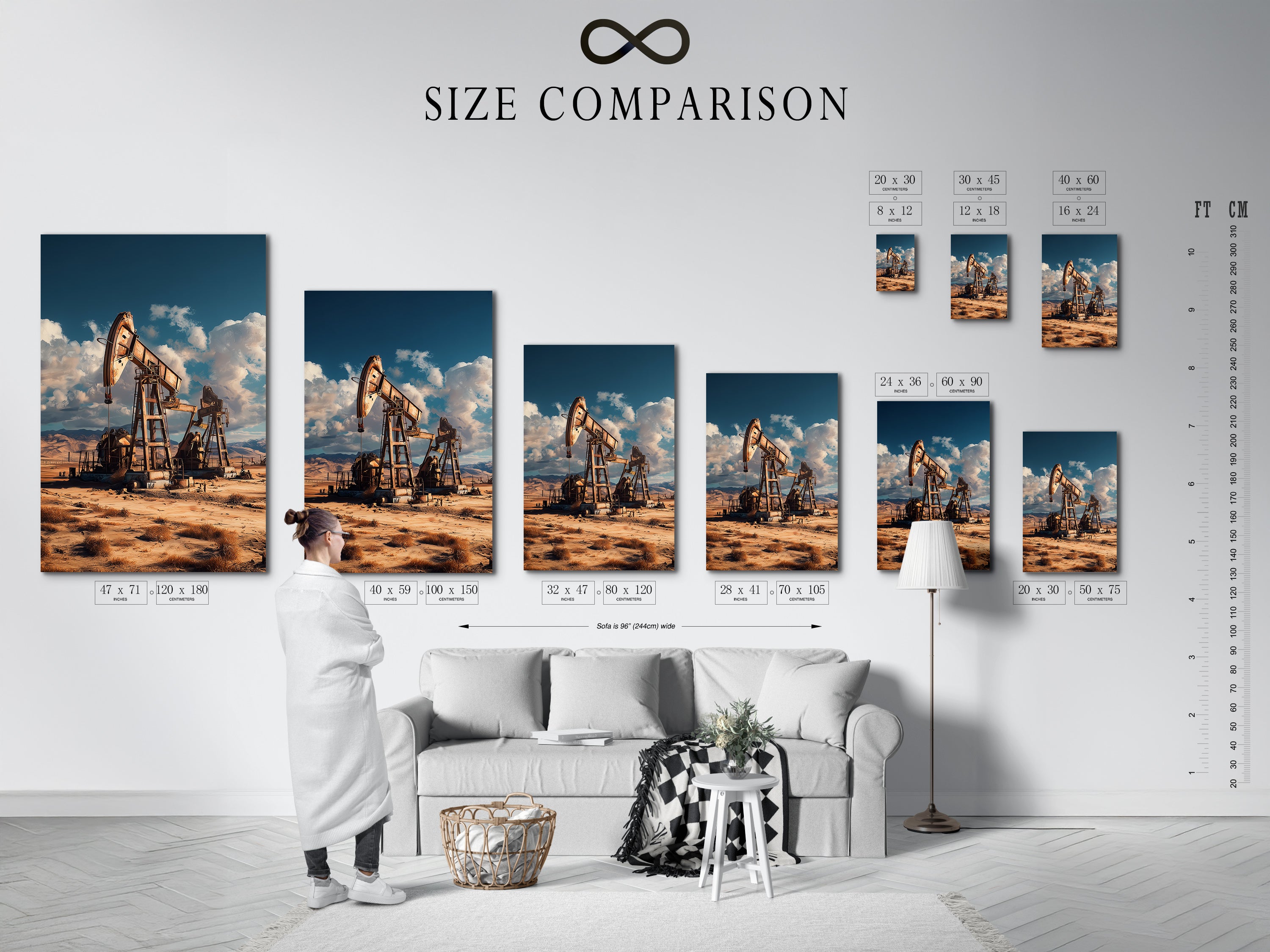 Size comparison chart displayed in an interior setting. The chart showcases available sizes for the oil rig canvas print. Visualize how this industrial artwork fits in your space. Perfect for planning your office wall art or rustic home decor. See how the desert landscape artwork enhances your interior.