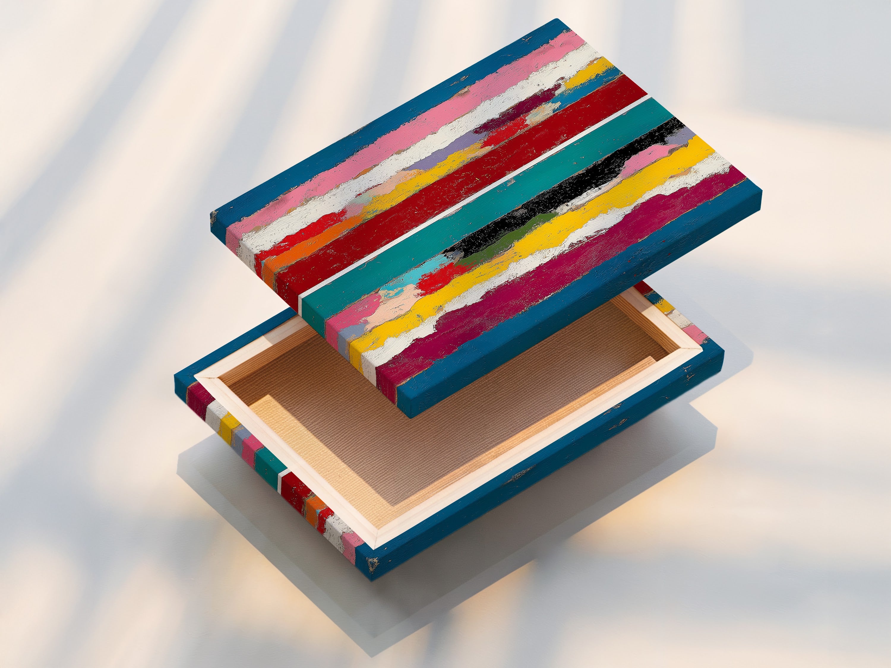 A stretched canvas print displays vibrant abstract stripe artwork. The rainbow colors and vertical lines create a modern contemporary piece. This art is perfect for adding a pop of color and style to your living room or office space.