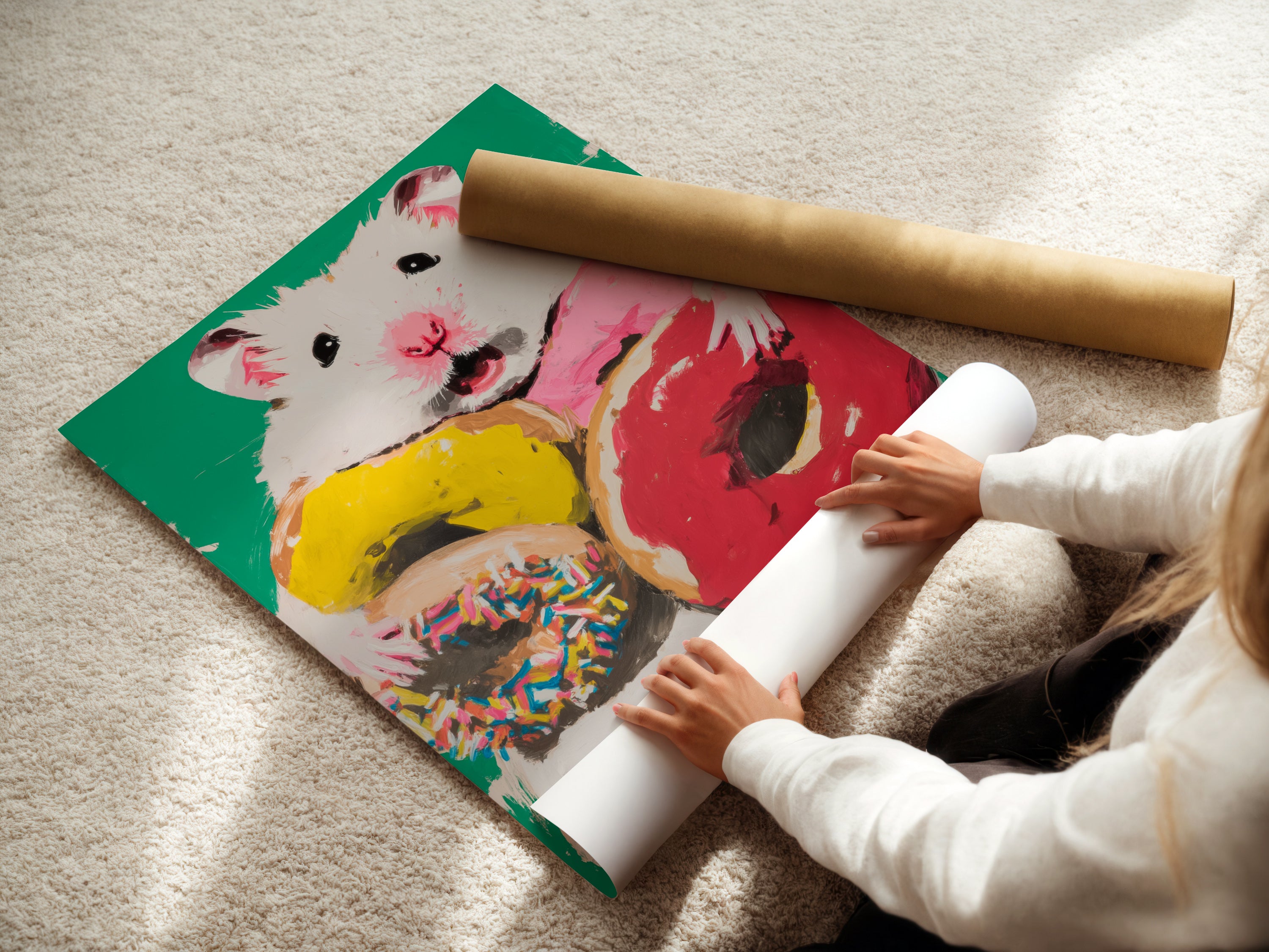 A woman carefully rolls a fine art poster paper print. It is ready for framing. This hamster donut artwork is perfect for playful wall decor. The art is ideal for kids room decor or nursery wall art.