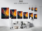 A size comparison chart is displayed in an interior setting. The chart helps visualize the different artwork sizes. This helps in choosing the perfect piece for your space. It provides a clear understanding of dimensions. This ensures the artwork fits seamlessly into the room. The size chart aids in making informed decisions.
