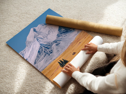 A woman is carefully rolling a fine art poster paper. The paper is high-quality ensuring a premium finish. This step is crucial for preserving the artwork. The fine art poster is perfect for framing. It is ideal for creating stunning wall decor. This ensures the landscape artwork is ready for display.