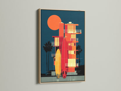 An oak frame displays a vibrant surfboard artwork print. The retro beach house wall art brings a sunny California vibe. The coastal architecture poster enhances home decor. This ocean artwork is perfect for interior stylists seeking mid-century modern decor.