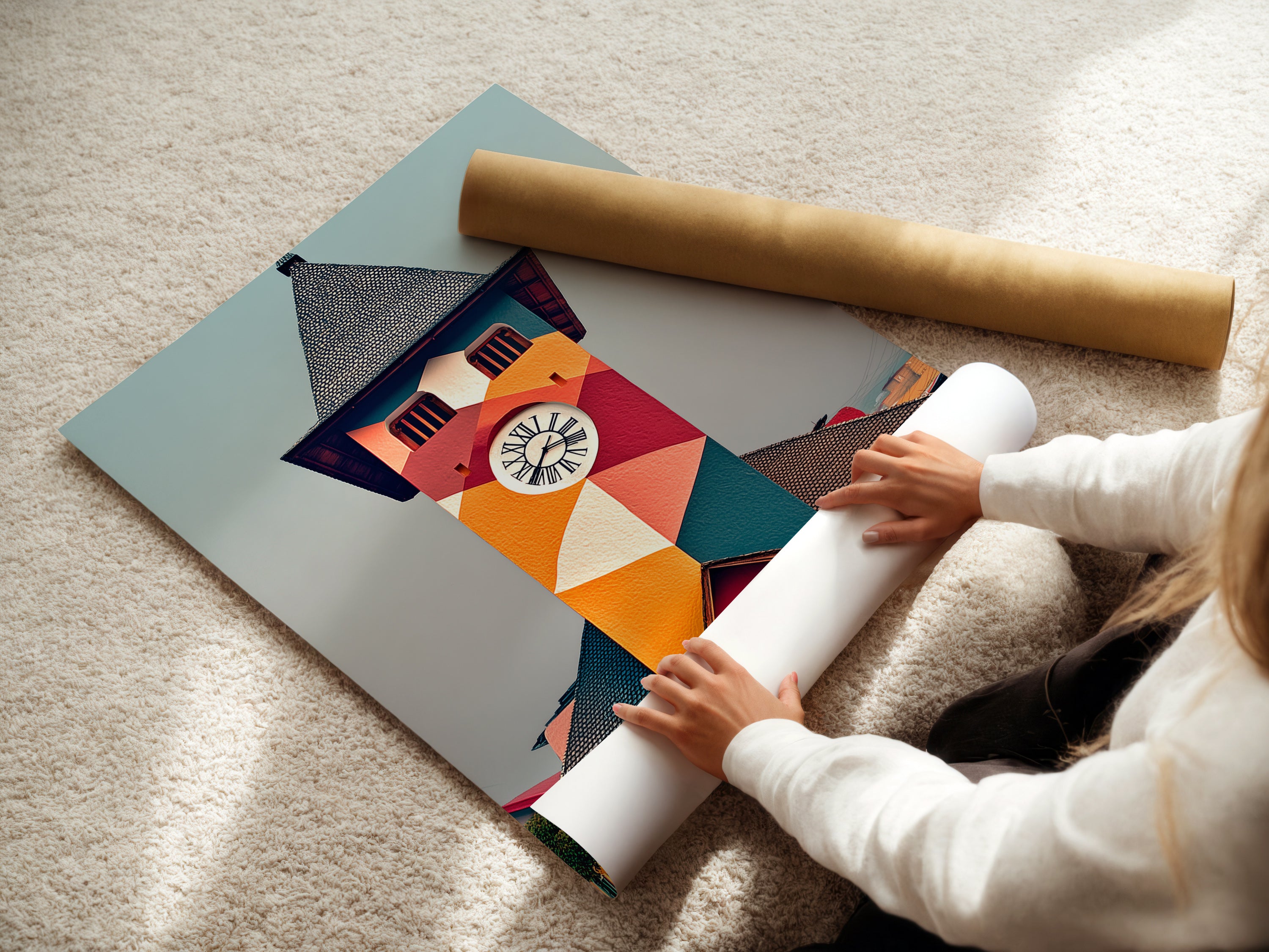 A woman carefully rolls a fine art poster paper featuring geometric artwork. The clock tower canvas print is being prepared for display. Experience the beauty of colorful architecture art. This poster showcases a vintage building with a modern twist perfect for any space.
