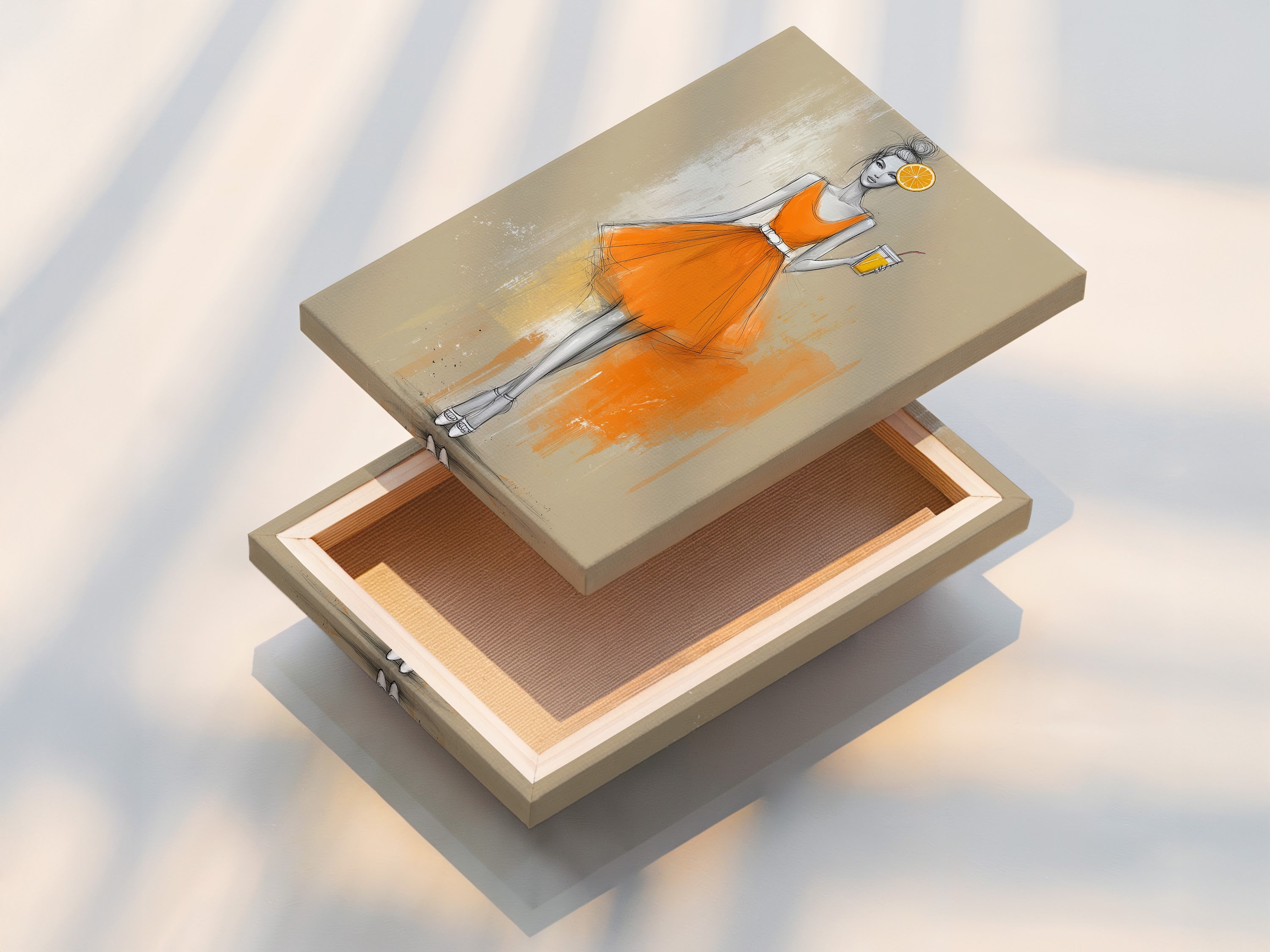 A stretched canvas print showcasing the vibrant orange dress artwork. Experience the beauty and texture of our stretched canvas prints. Perfect for homeowners renters and interior decorators seeking elevated wall art.