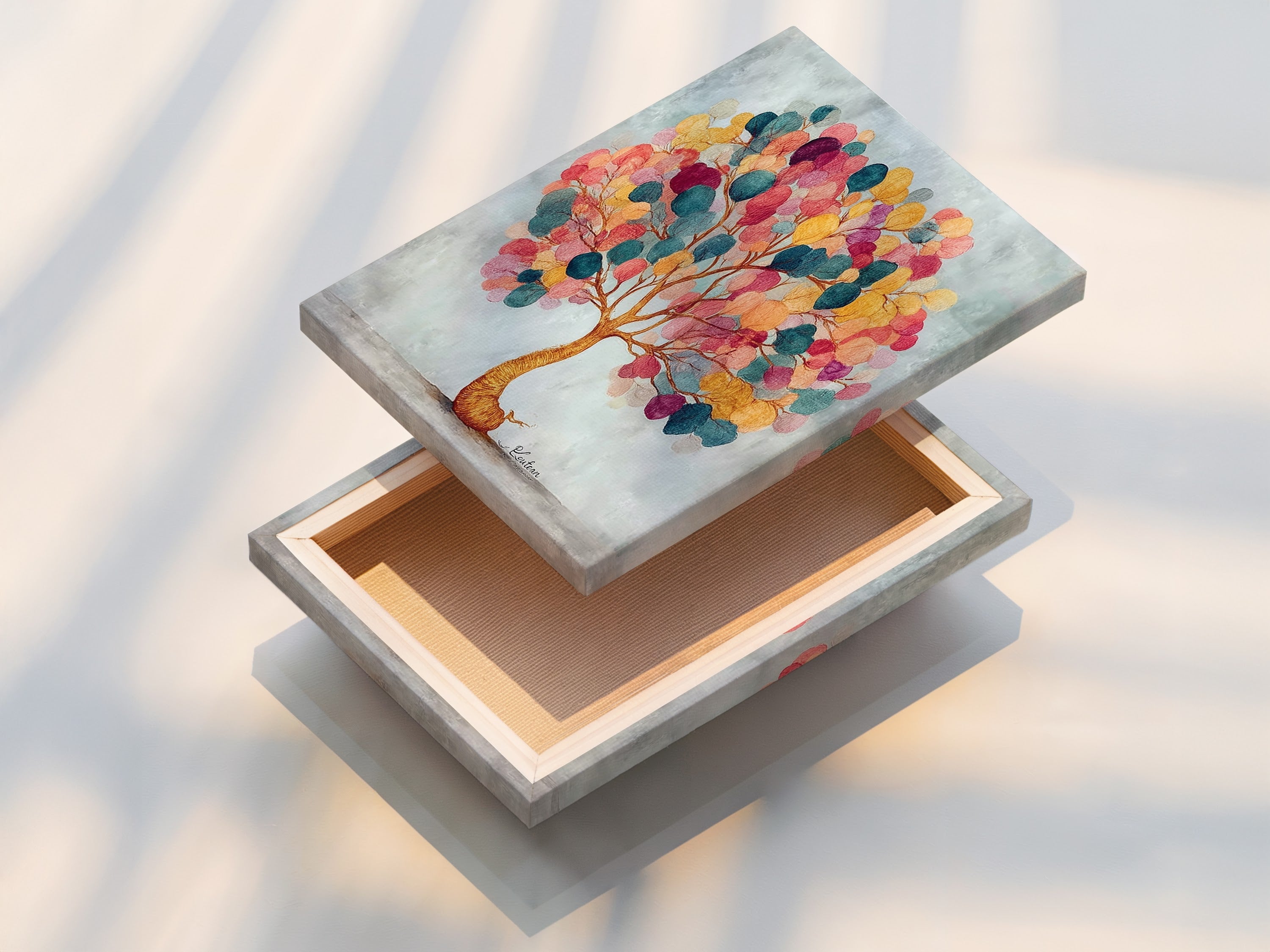 The stretched canvas print is ready to hang. It features a colorful tree artwork. The canvas adds texture and depth. The abstract wall art is perfect for any room. The canvas is stretched for a gallery-worthy look.