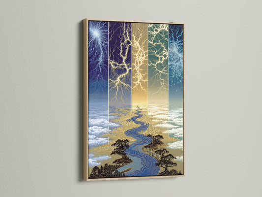The Lightning River canvas art is beautifully presented in an oak frame. This celestial print adds a touch of modern style to any room. The blue and gold artwork enhances living rooms bedrooms and offices alike.