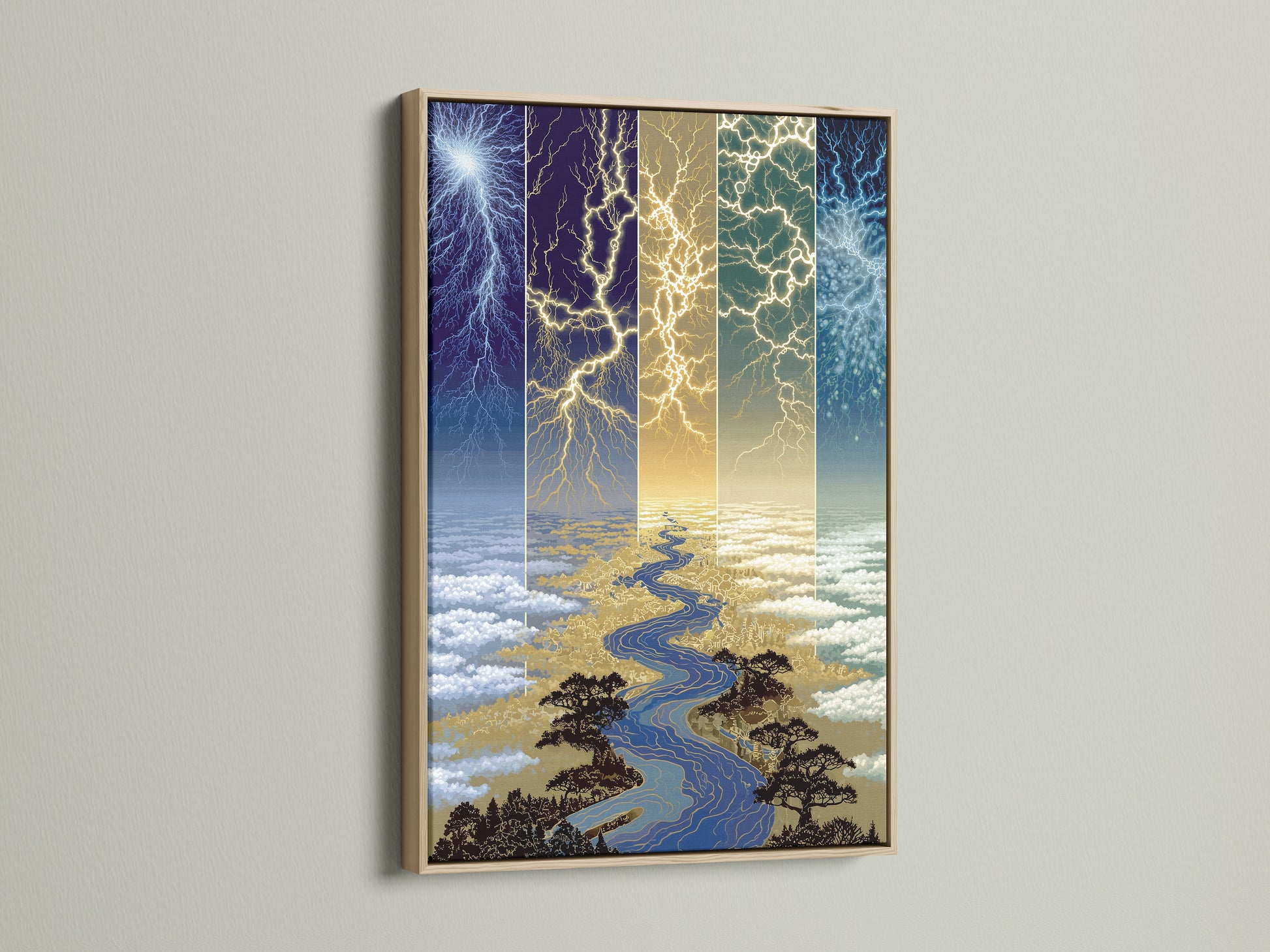 Lightning River artwork is framed in oak. The oak frame enhances the blue and gold tones of the artwork. Perfect as living room wall art or for creative workspaces. Shop electric storm art now.
