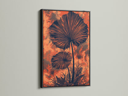 Botanical fan palm artwork with a black frame. A modern tropical foliage poster for your home. The burnt orange and black create a bold statement. Enhance your living room bedroom or office. This striking wall decoration brings sophistication.