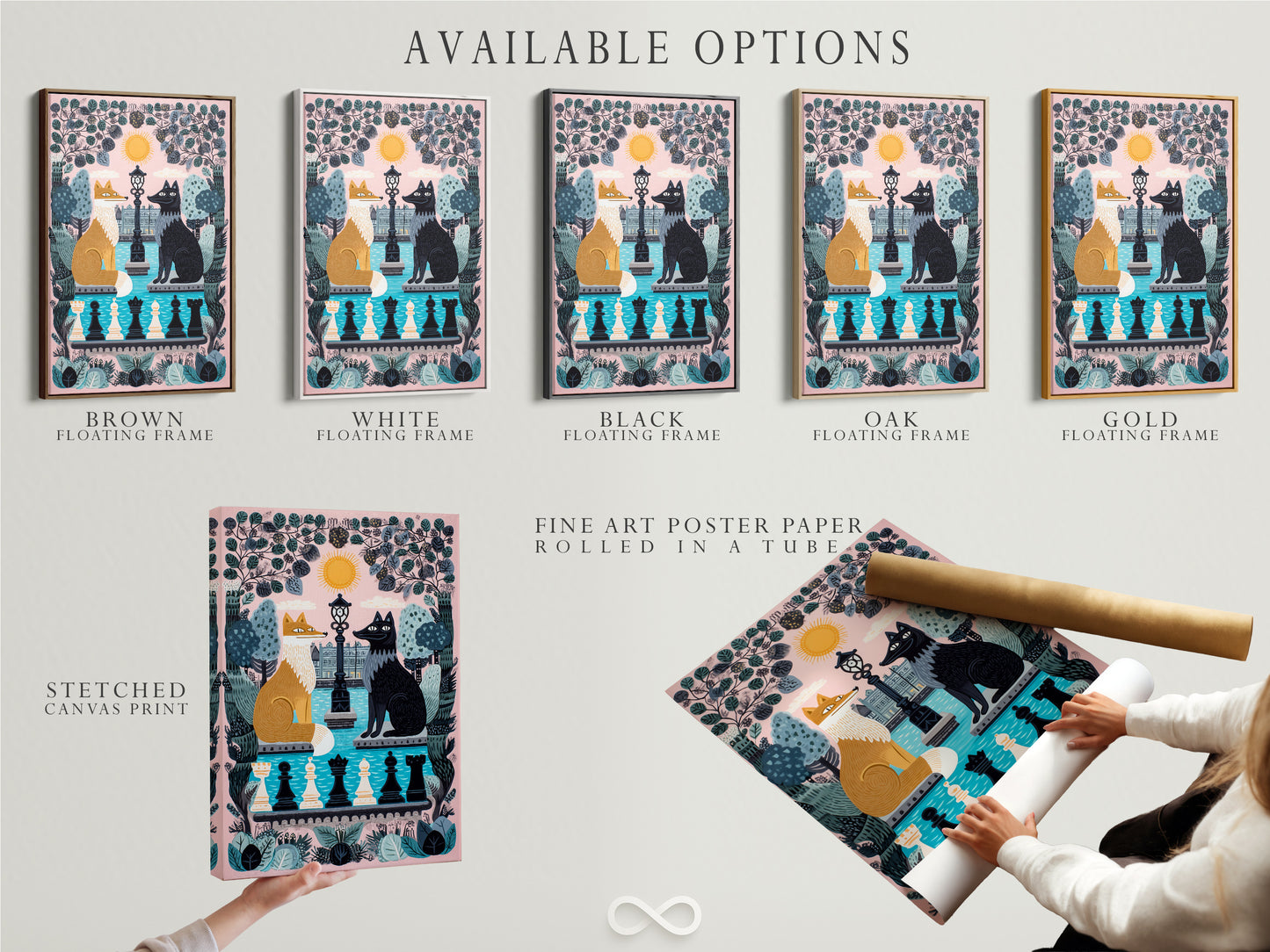 Explore available options for the Fox and Wolf Canvas Print. Choose from stretched canvas fine art poster paper or a floating frame. This whimsical chess art is perfect for kids room decor. The pink pastel colors enhance fable artwork. A cute contemporary animal art piece for nursery wall art.
