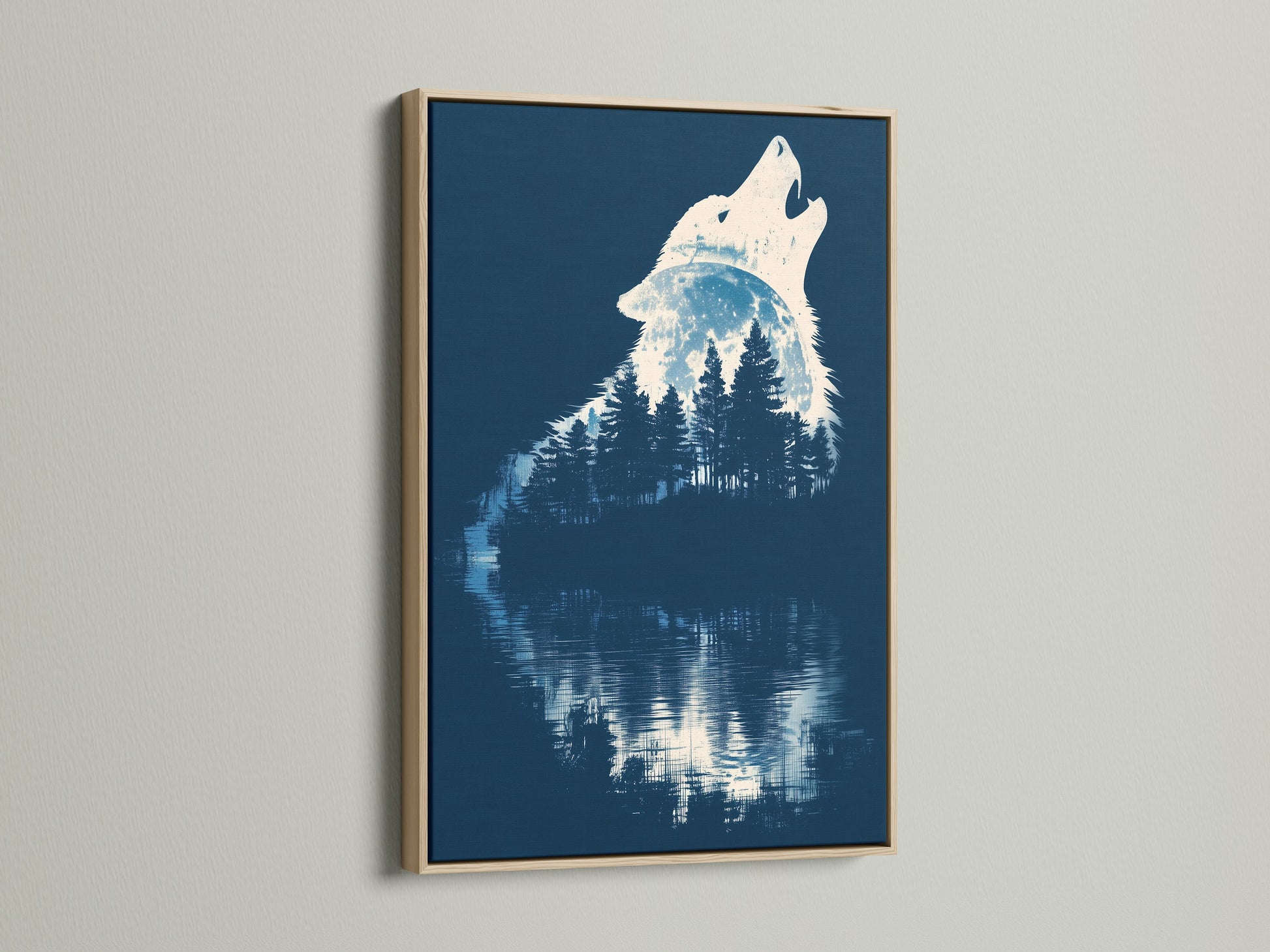 Wolf art in an oak frame. The artwork features a wolf silhouette with a forest and moonlight. The navy blue nature artwork is ideal for bedroom decor. Perfect for rustic and primitive styles.