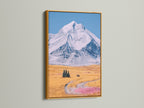 Landscape artwork is displayed in a gold frame. The gold frame adds a touch of elegance. It complements the rustic wall decor beautifully. The snowy mountain ridge is highlighted. This piece brings warmth to farmhouse or western-style homes. The artwork elevates any room with its luxurious feel.